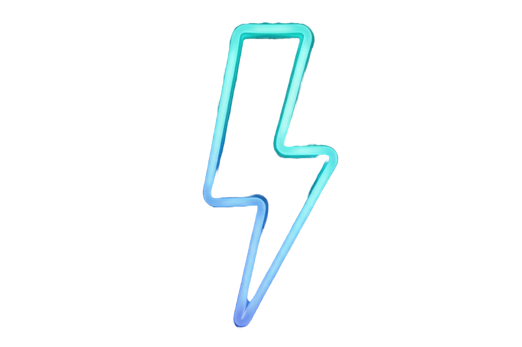 Neon lightning bolt sign in blue and cyan colors on a black background.