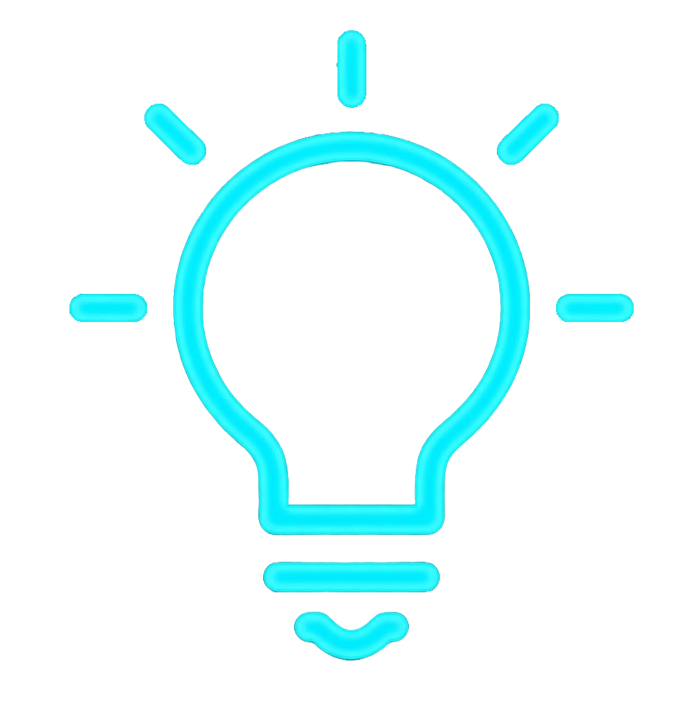 Neon illustration of a light bulb with a pink interior and blue outline, symbolizing ideas or creativity.