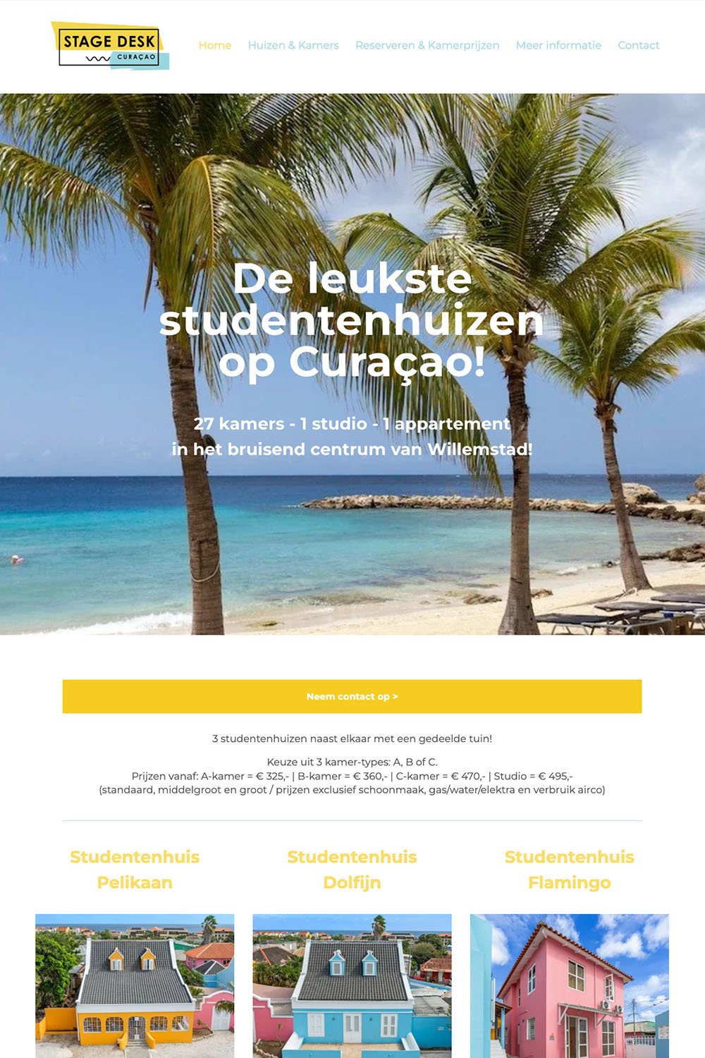 Website voor Stage Desk Curaçao, huisvesting voor stagiairs