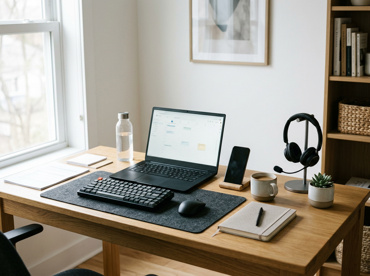 Home office workspace with a wooden desk, an open laptop displaying a calendar, a keyboard, mouse, smartphone on a stand, headphones on a headset stand, a potted succulent, a notebook with a pen, a cup, a water bottle, and some papers near a window with natural light.