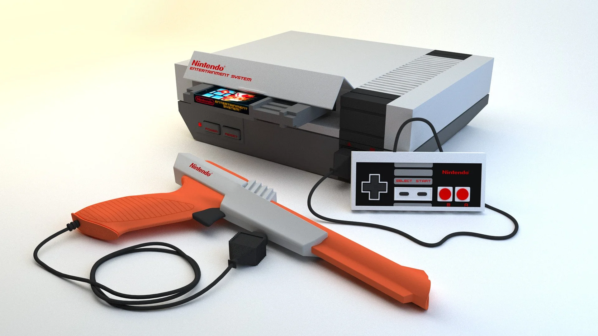Classic Nintendo Entertainment System console with attached controller and an orange toy gun.