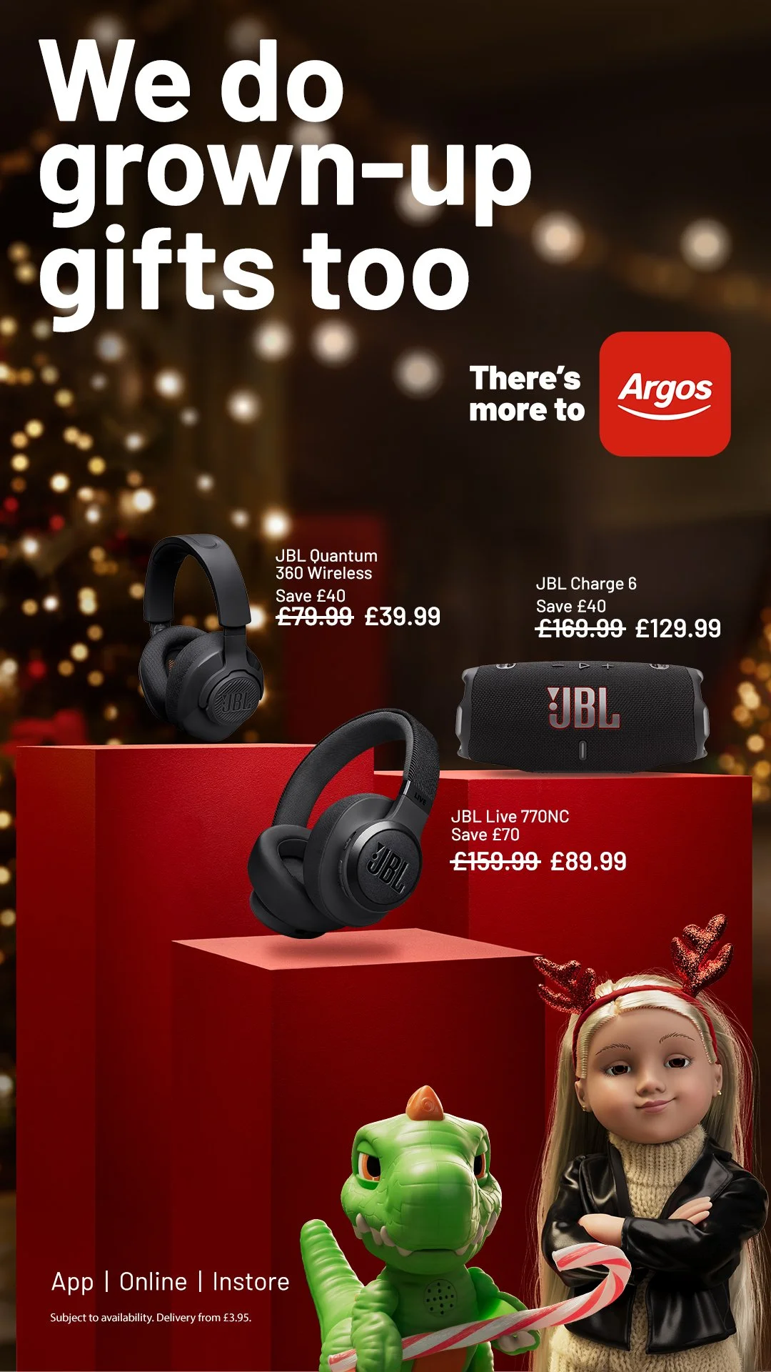 Christmas-themed advertisement showcasing JBL headphones and a portable speaker, with a child doll and a dinosaur toy in front of a blurred festive background.