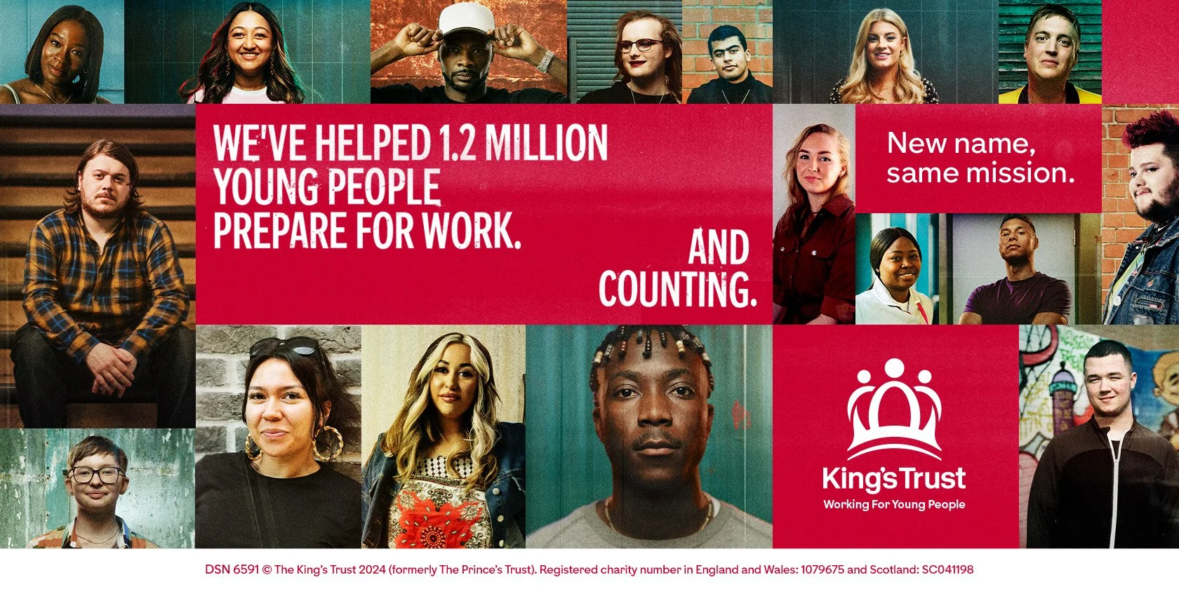 Collage of diverse young people with text overlay stating "We've helped 1.2 million young people prepare for work and counting" and "New name, same mission". The King's Trust logo with the tagline "Working for Young People" is also present.