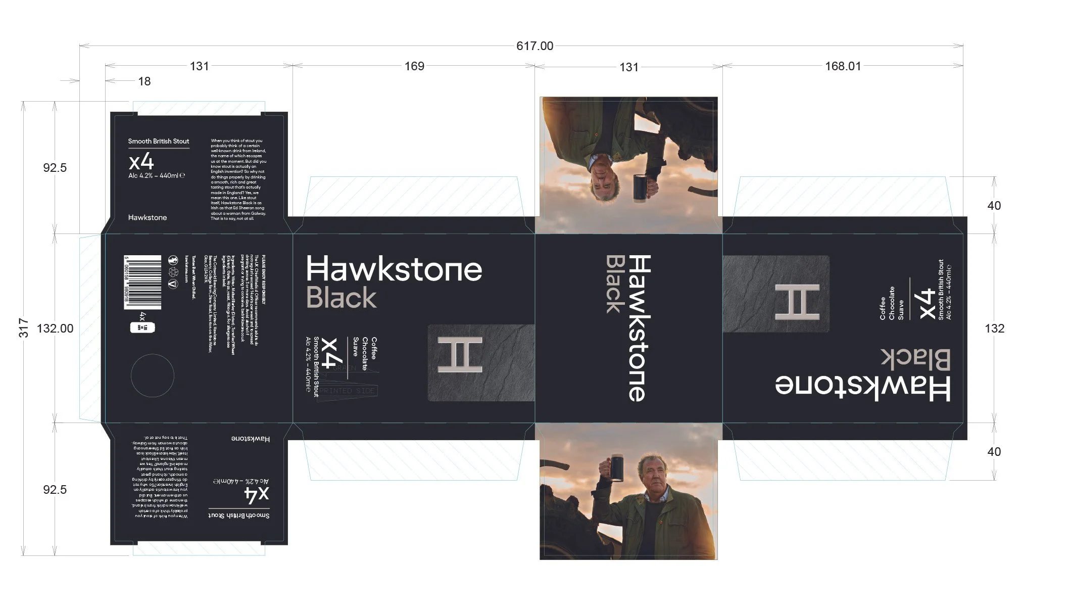 Packaging design for Hawkstone Black stout beer, featuring a dark background with silver and white text, an image of a man holding a mug outdoors during sunset, and various product details and branding elements.