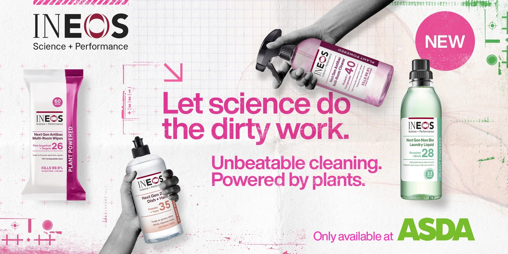 An advertisement for INEOS cleaning products featuring bottles of disinfectant, laundry liquid, and wipes, with the slogan 'Let science do the dirty work' and branding for ASDA.