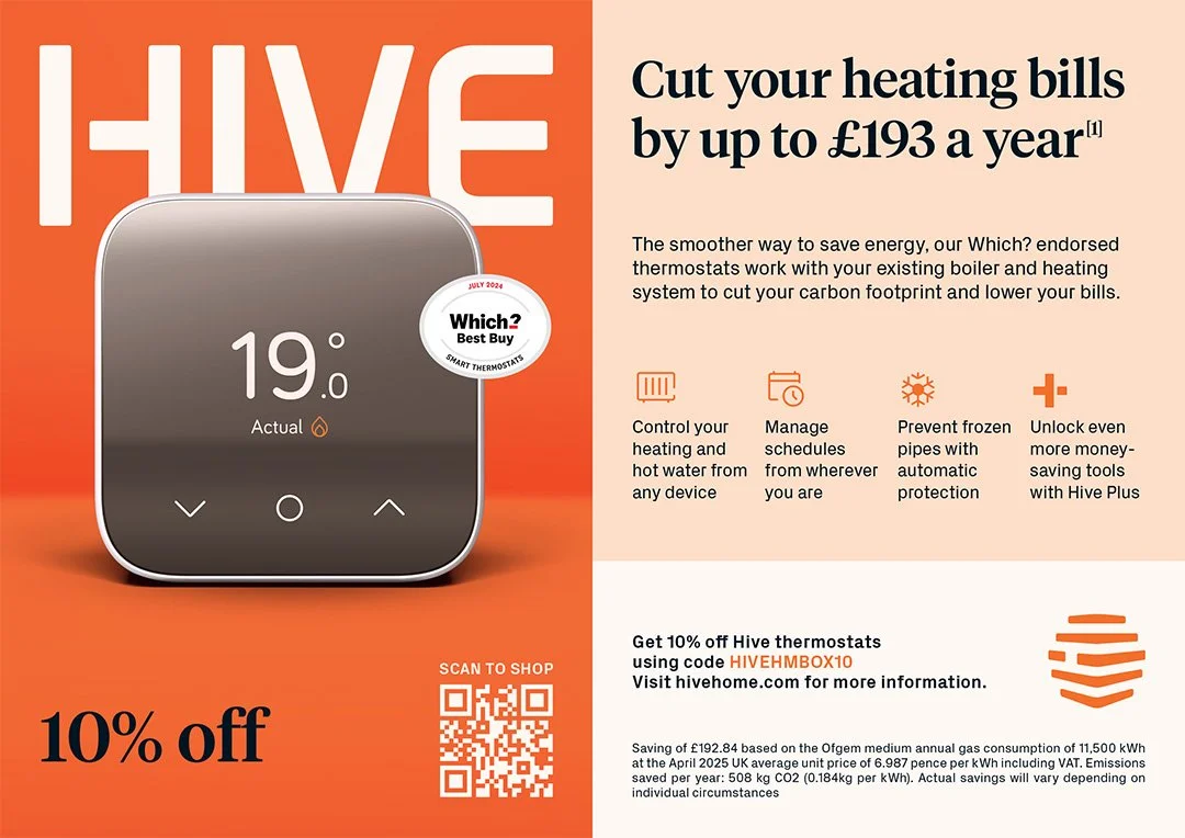 Advertisement for Hive thermostat offering up to 193 pounds savings on heating bills, featuring a smart thermostat display showing 19 degrees Celsius, and promoting energy-saving features and discount code.