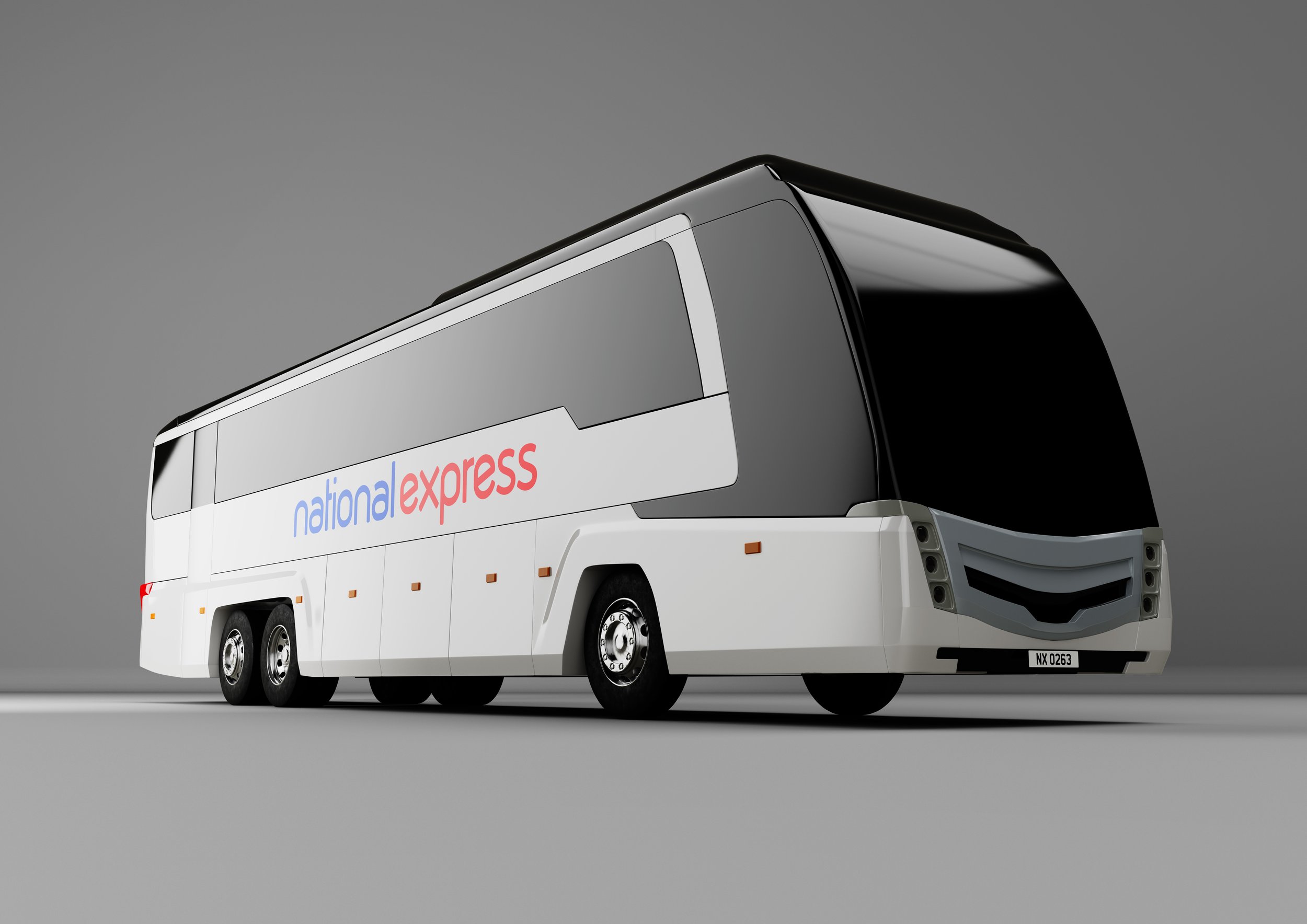 Front view of a white bus with the 'national express' logo, set against a plain gray background.