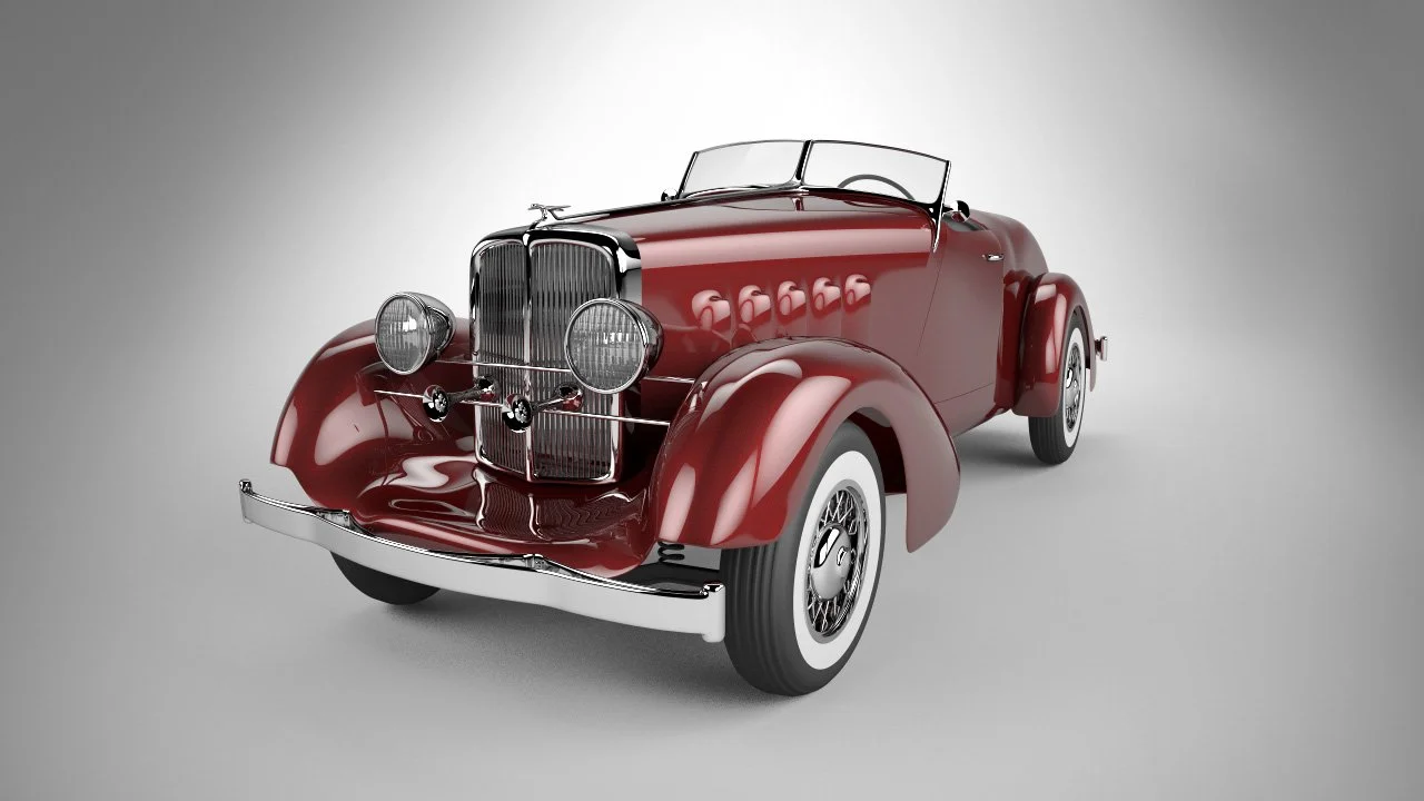 Classic red vintage convertible car with chrome accents and white-wall tires