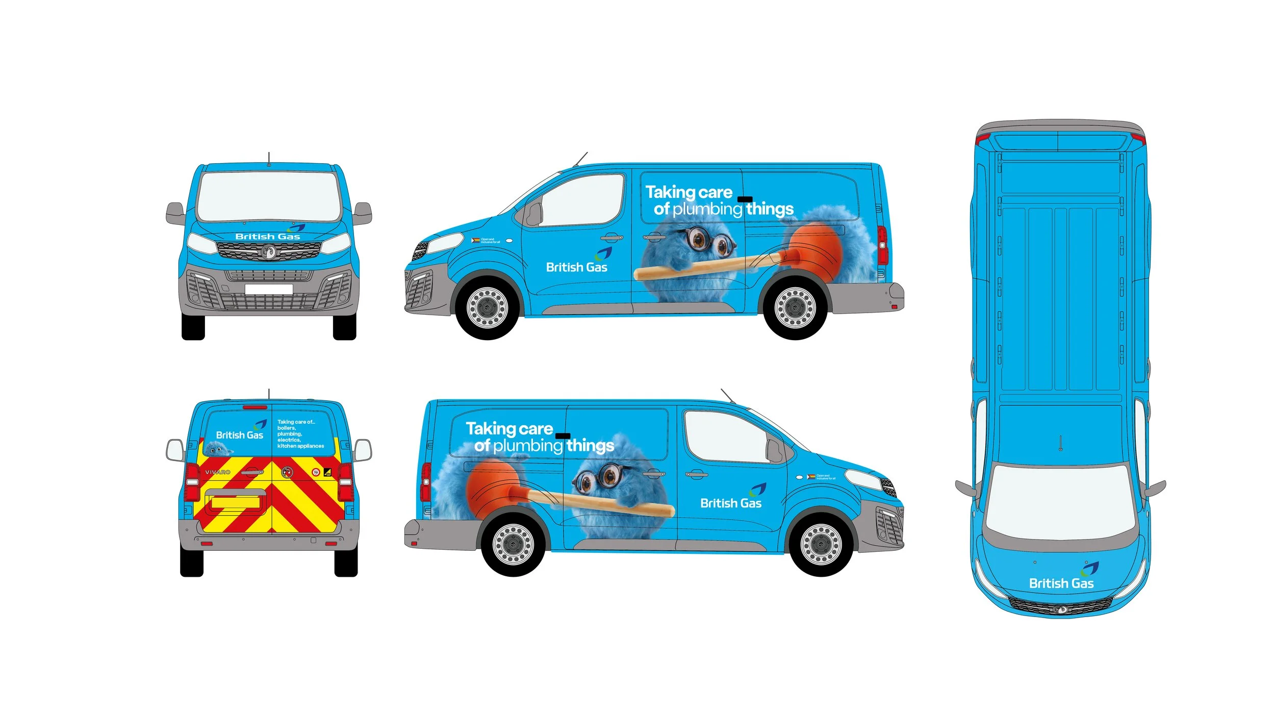 Series of electric vans with blue and grey livery, British Gas branding, and a mascot with a hammer, featuring slogans about taking care of plumbing and appliances, shown from front, side, and rear views.