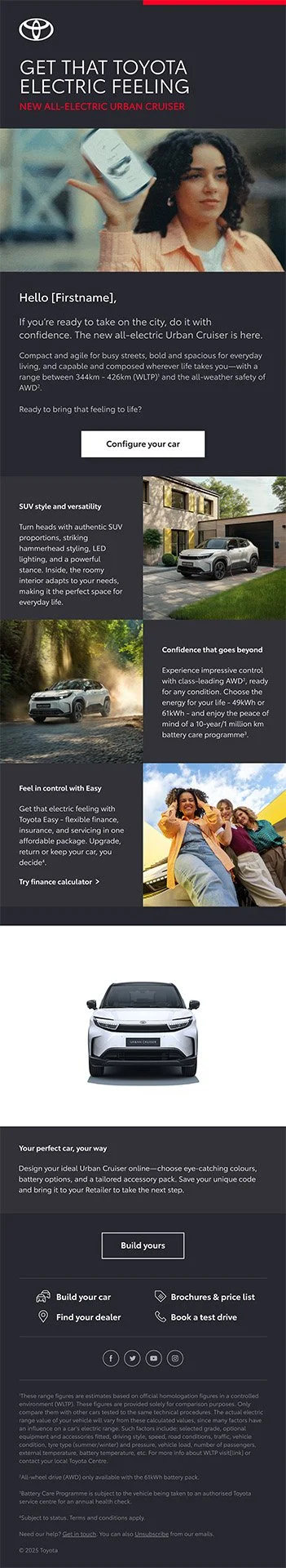 Digital advertisement for the new all-electric Toyota Urban Cruiser. Features images of a woman holding a smartphone, a silver SUV, and a group of young women. Contains texts about the vehicle's features, configuration options, and a call-to-action b