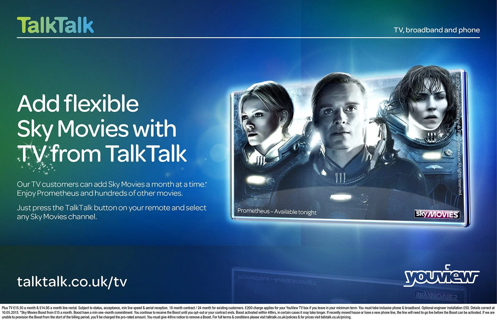Advertisement for TalkTalk TV service, showcasing a TV displaying a space-themed movie with three astronauts. The ad promotes adding Sky Movies to TalkTalk TV, with a call to action to press the TalkTalk button on the remote.