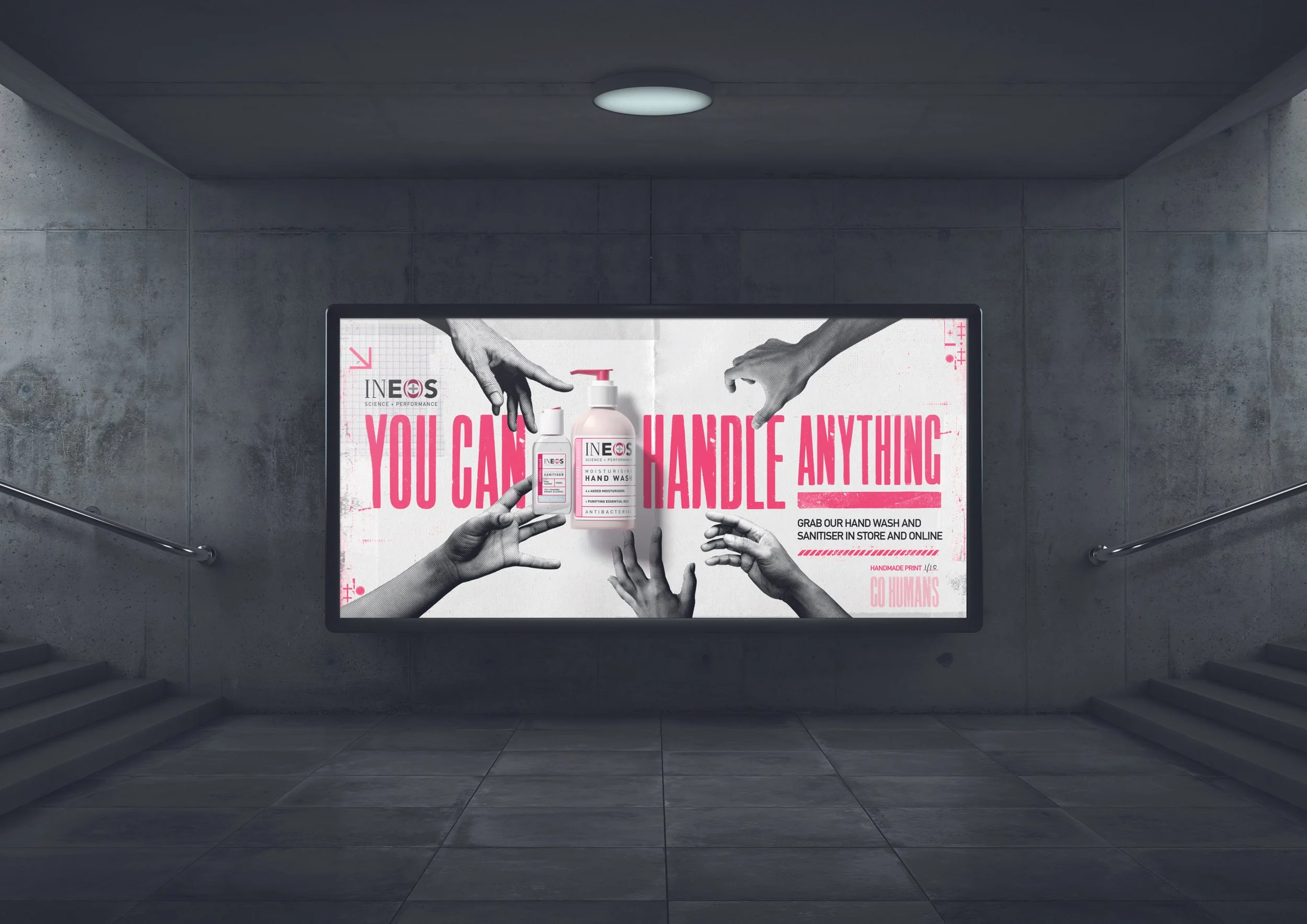 An advertisement for hand wash and sanitizer featuring multiple hands reaching toward bottles, with text emphasizing handling anything and encouraging hand hygiene.
