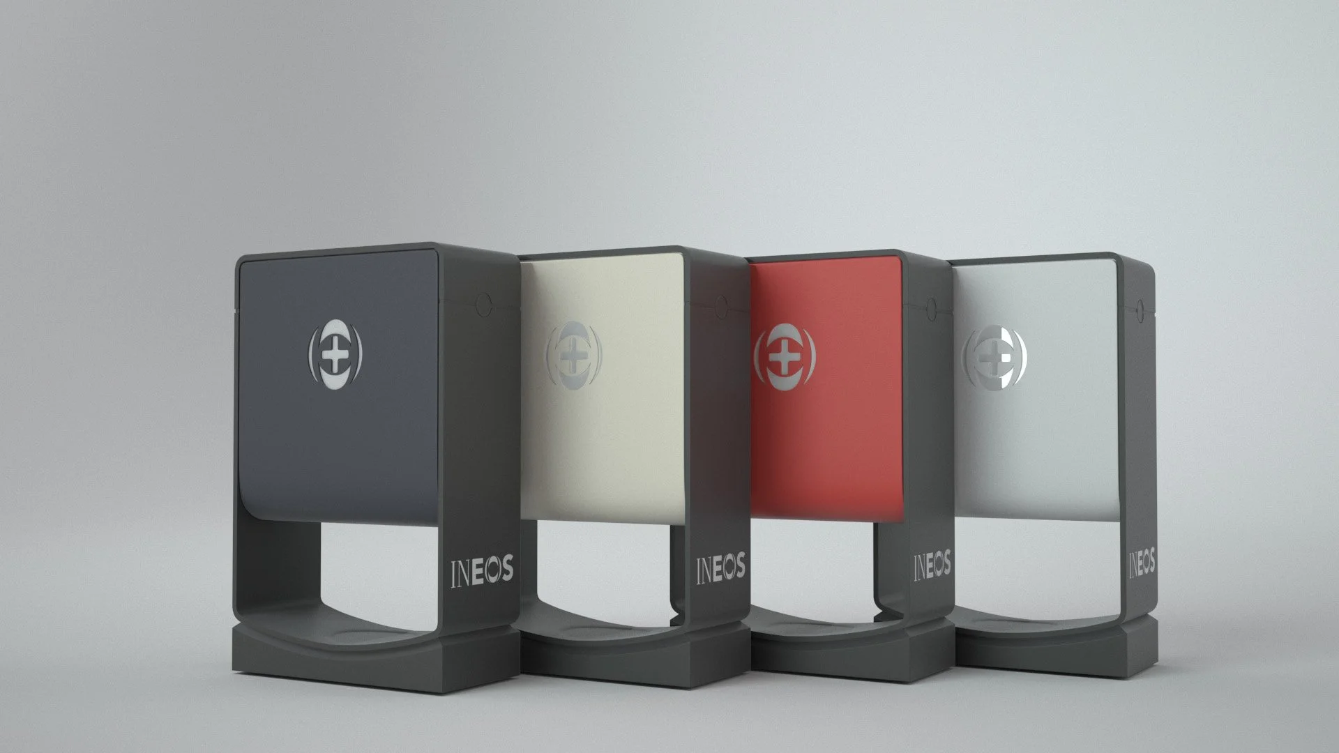 Four modern mailbox units with the INEOS logo, in gray, white, red, and white again, lined up against a plain gray background.