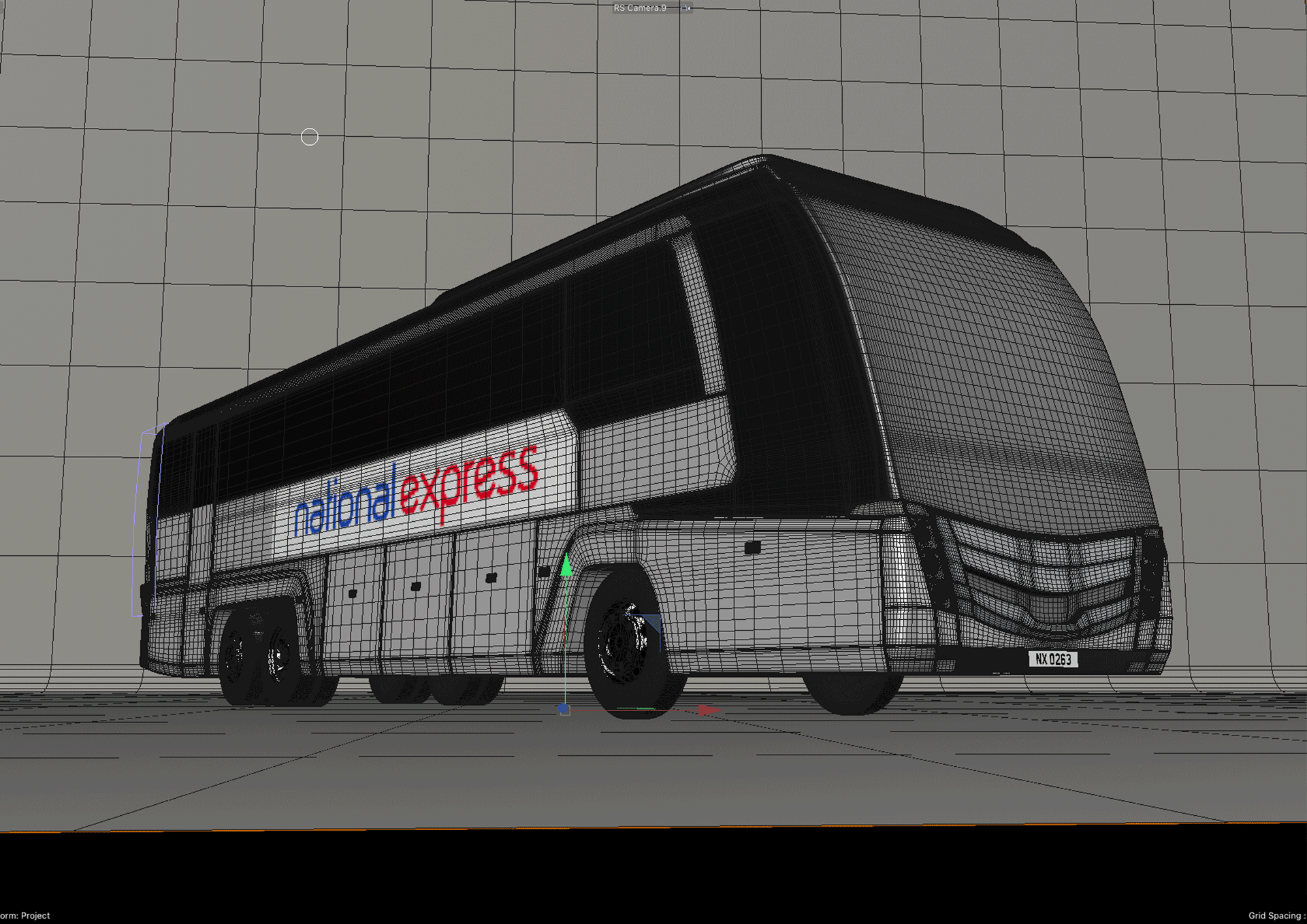 3D wireframe model of a double-decker bus with a sign reading 'national express' on the side, set against a CAD grid background.