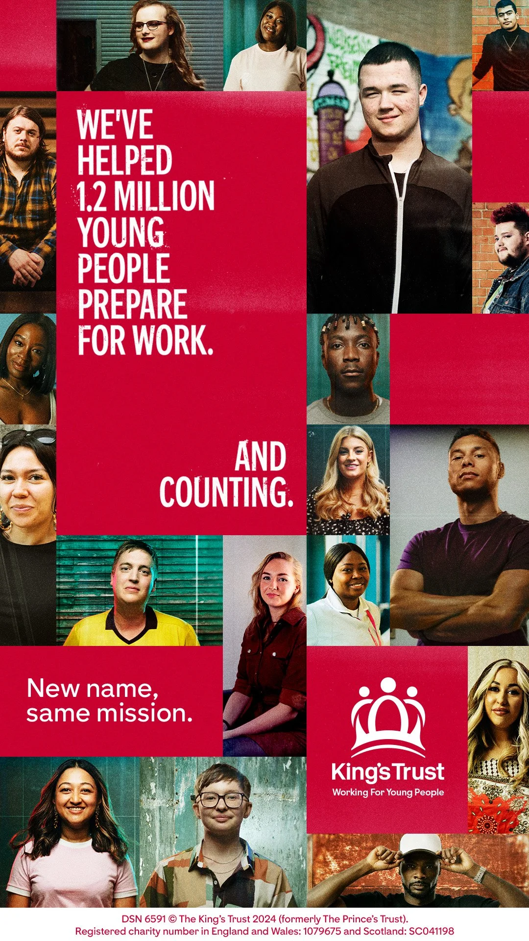 Collage of diverse young people with text promoting King's Trust, indicating they've helped 1.2 million young people prepare for work, with the tagline "New name, same mission."