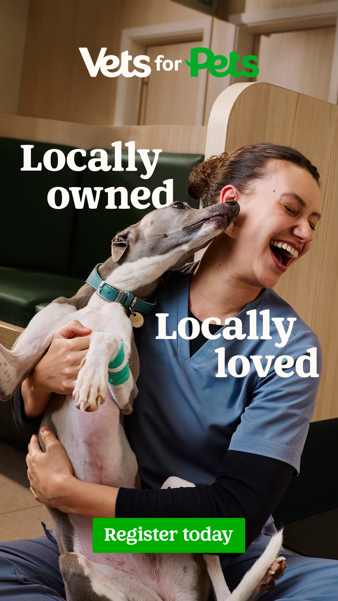 A woman in light blue scrubs holding a dog and smiling at each other in a veterinary clinic. The image has text promoting a local, owner-operated veterinary service and a call to action to register.