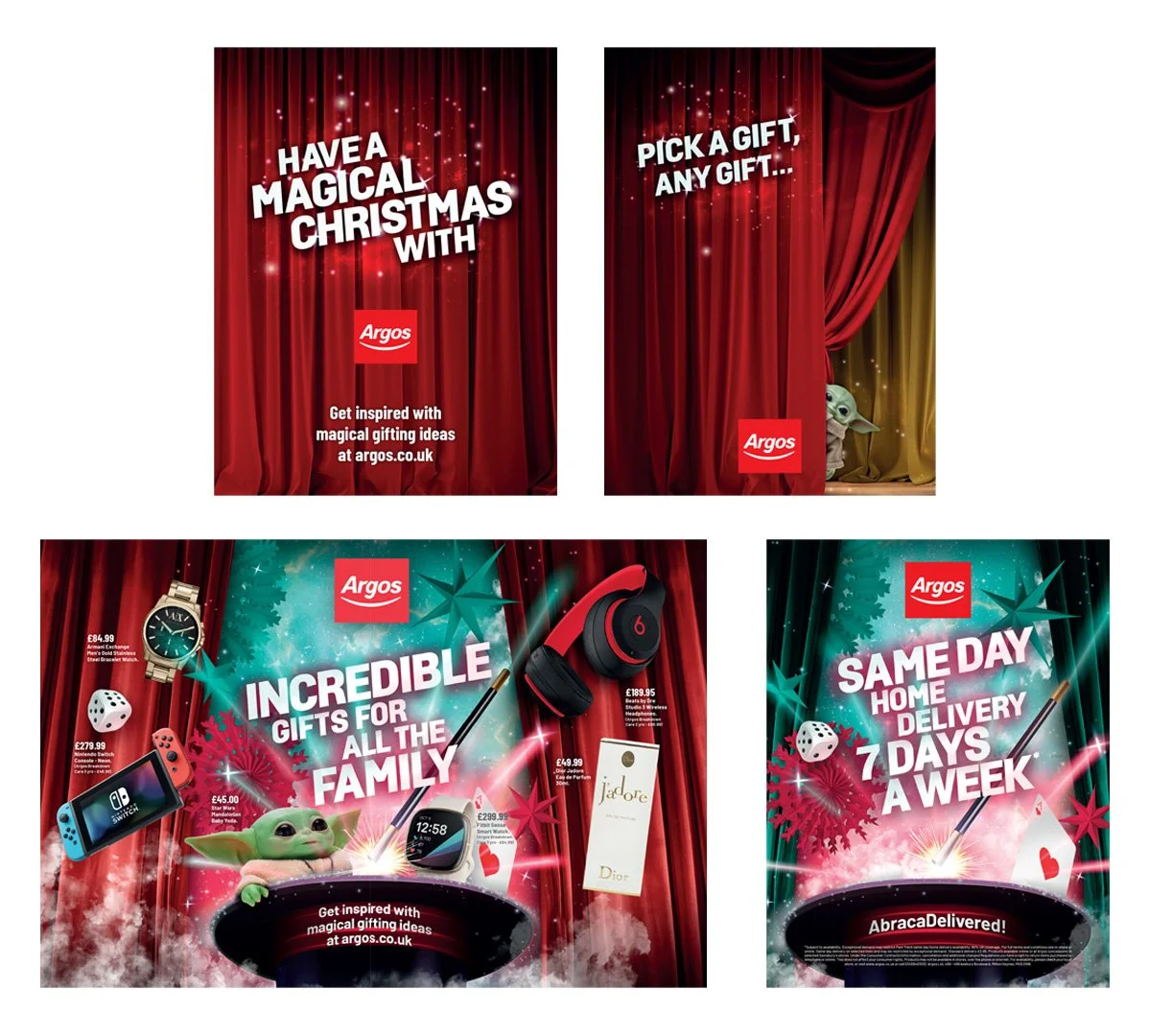 A collection of four holiday promotional posters by Argos. The first shows a red curtain with the text 'Have a Magical Christmas with Argos' and a message to get inspired at argos.co.uk. The second features a red curtain with the text 'Pick a Gift, A