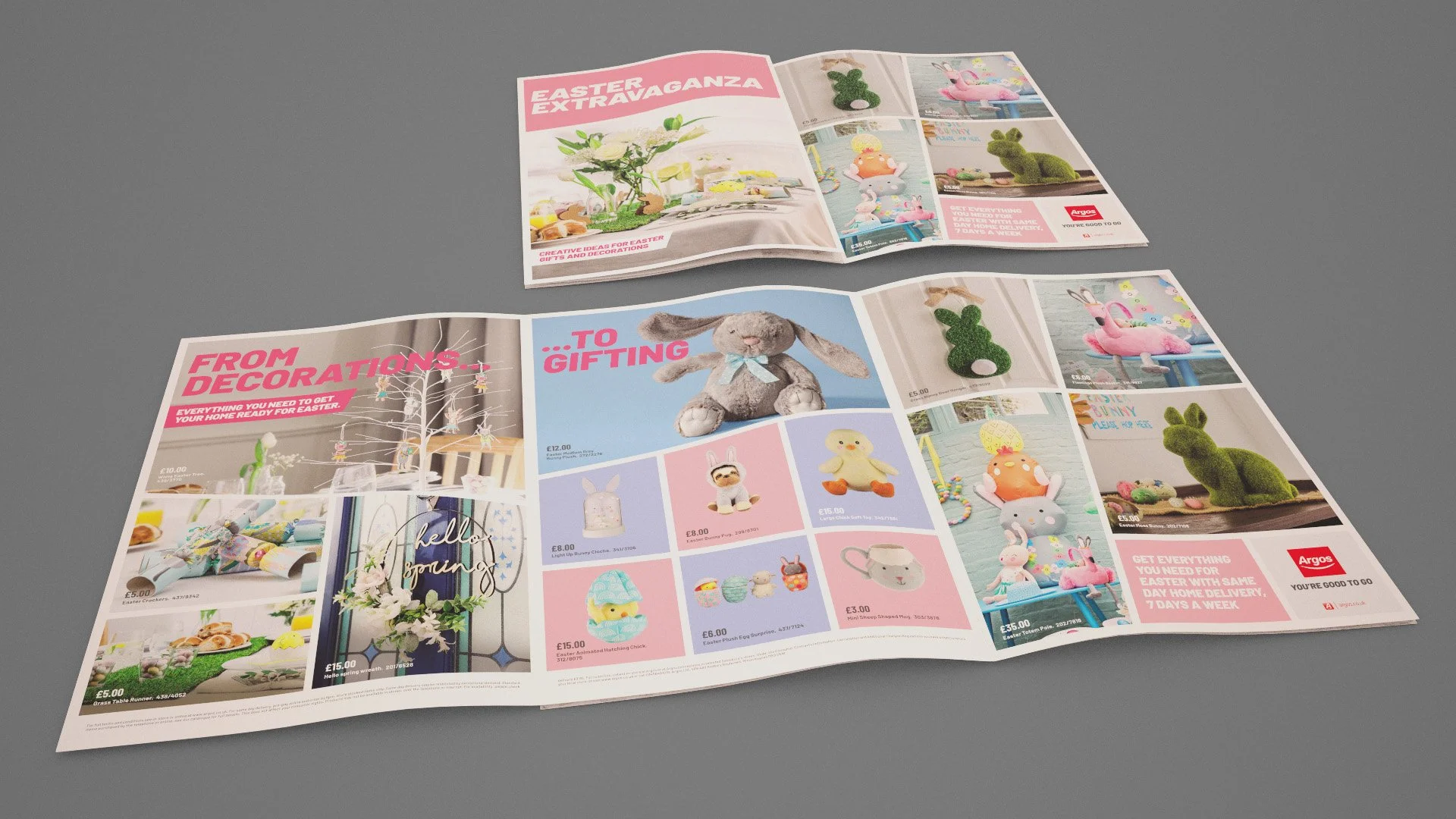 Open Easter-themed catalog pages showing decorations, plush toys, and gift ideas, with pink and pastel color schemes.