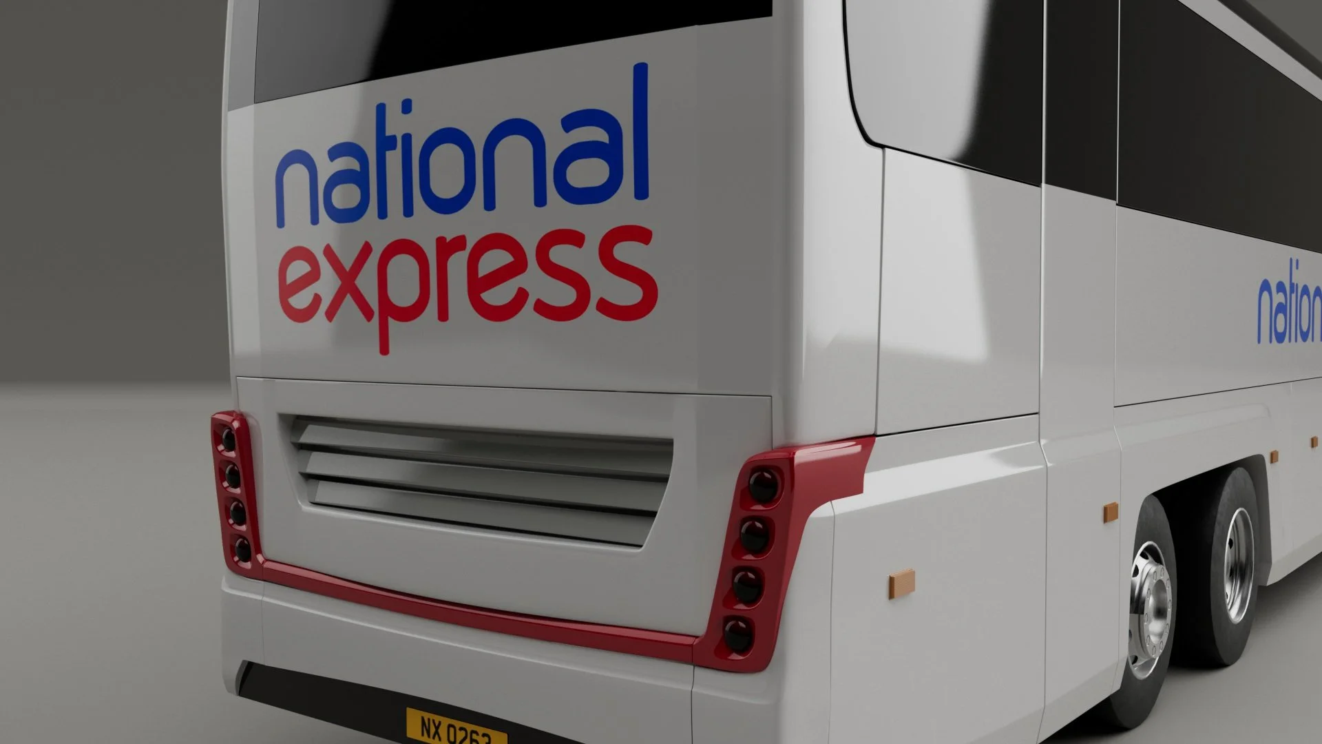 Close-up of the rear of a white national express bus with red accents, showing the company's logo in blue and red, rear lights, and a partial view of the wheels.