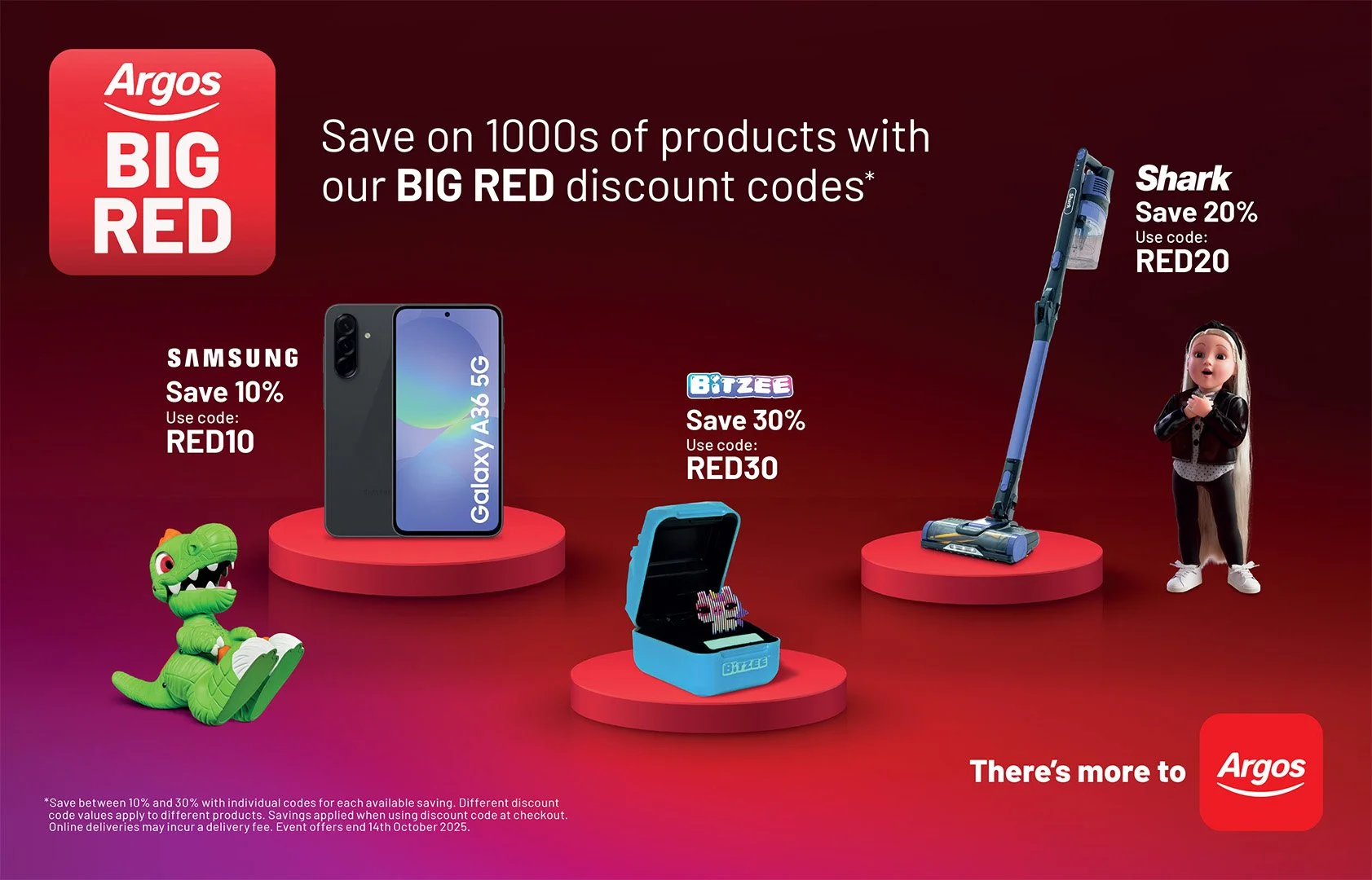 Advertisement for Argos Big Red sale featuring discount codes for Samsung Galaxy A36 5G, a toy robot, a mini drone, a Shark vacuum cleaner, and a doll.