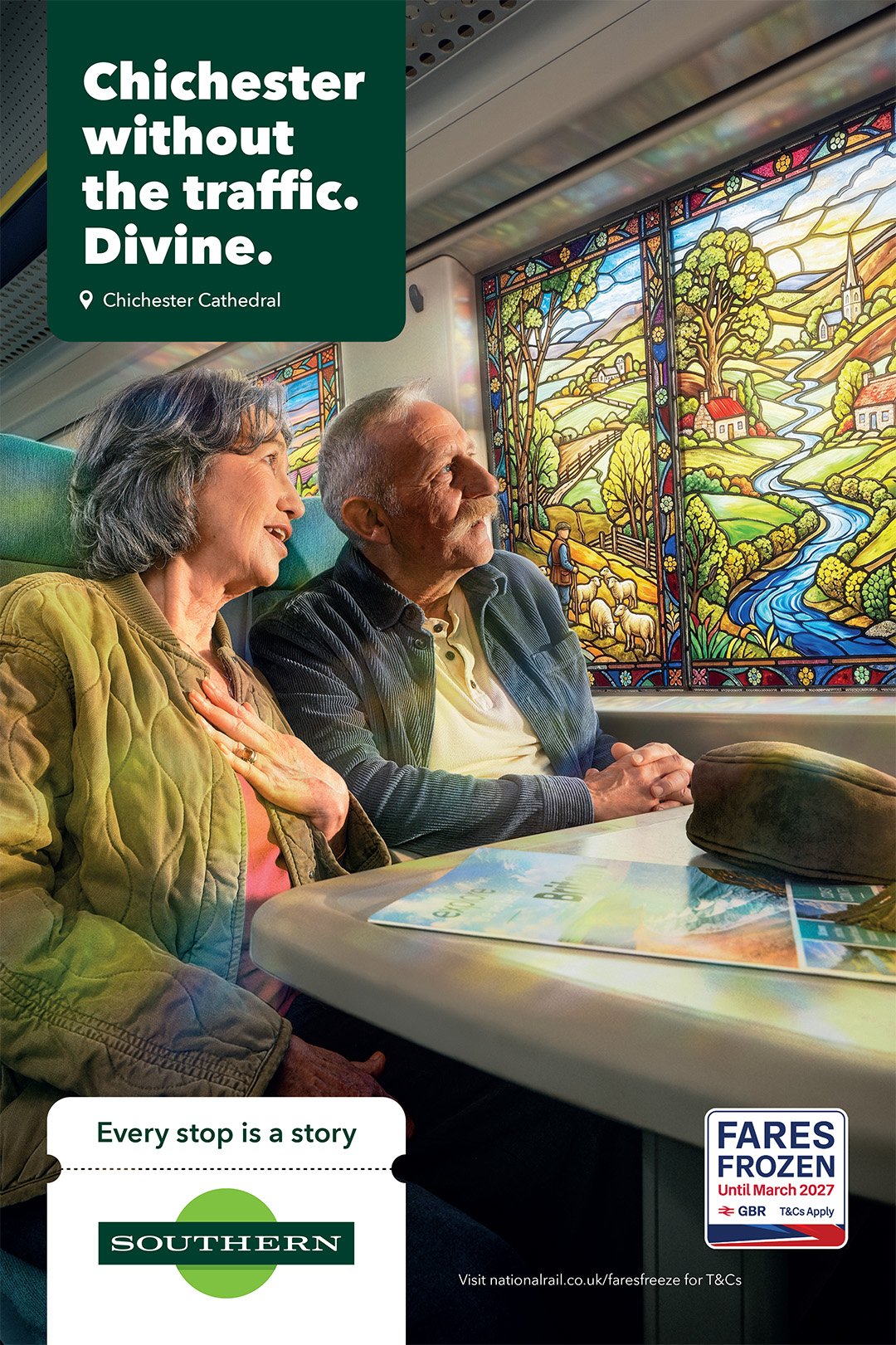Two elderly people, a woman and a man, sitting on a train with a colorful stained glass window behind them depicting a scenic landscape with trees, fields, houses, and a river.