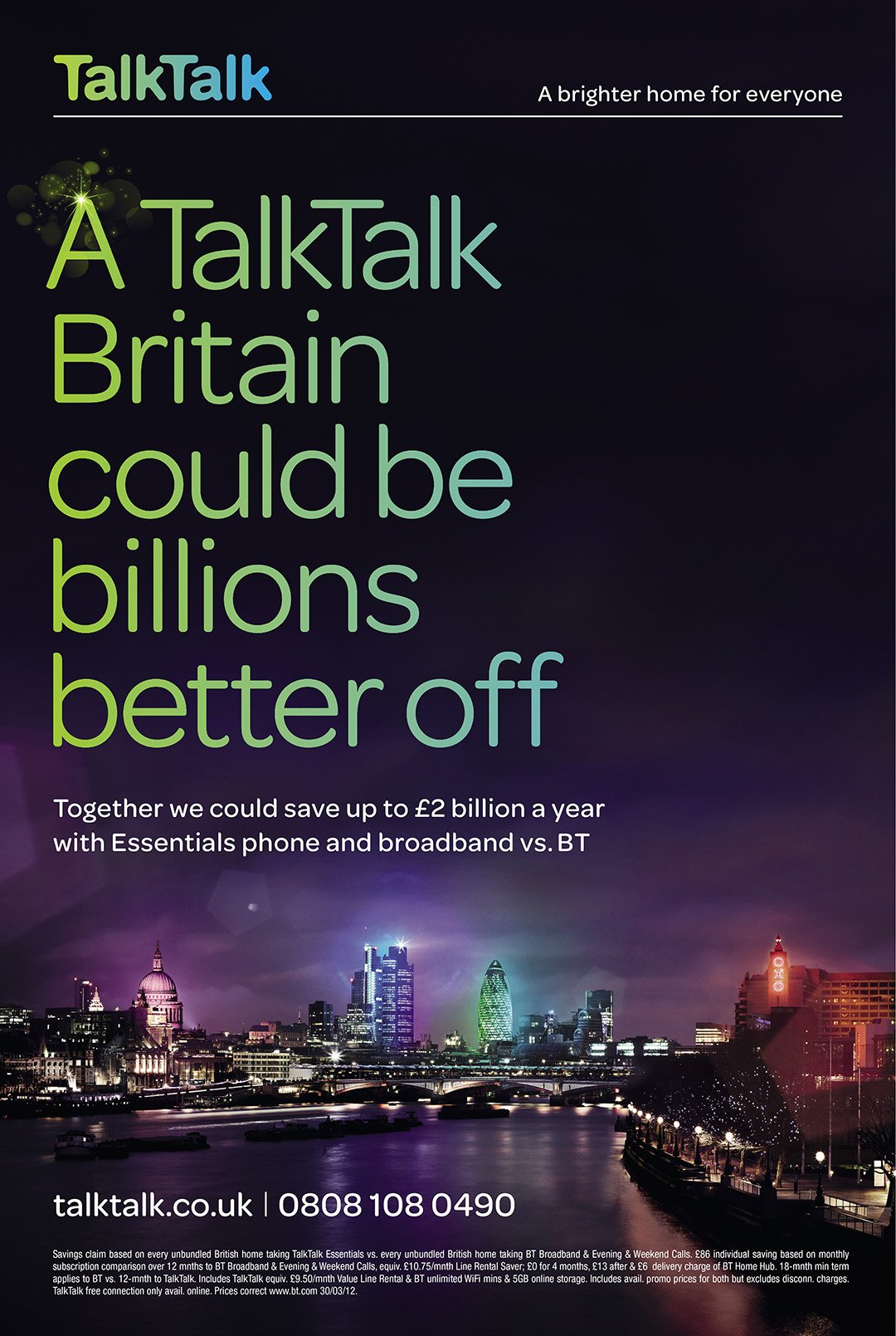 Night city skyline of London with illuminated buildings and river, with promotional text about saving money on phone and broadband services in Britain.