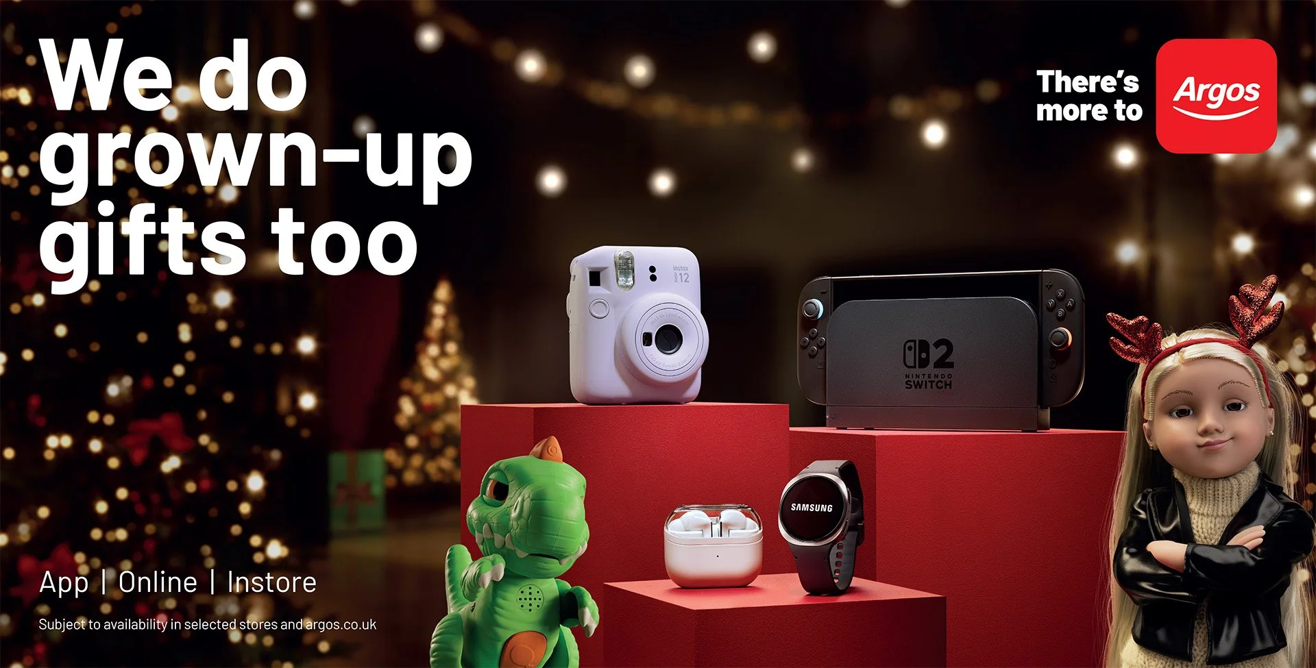 A holiday-themed advertisement showcasing various gifts, including a white instant camera, a Nintendo Switch OLED, a green dinosaur plush toy, a pair of wireless earbuds, a Samsung smartwatch, and a doll wearing reindeer antlers and a black leather j