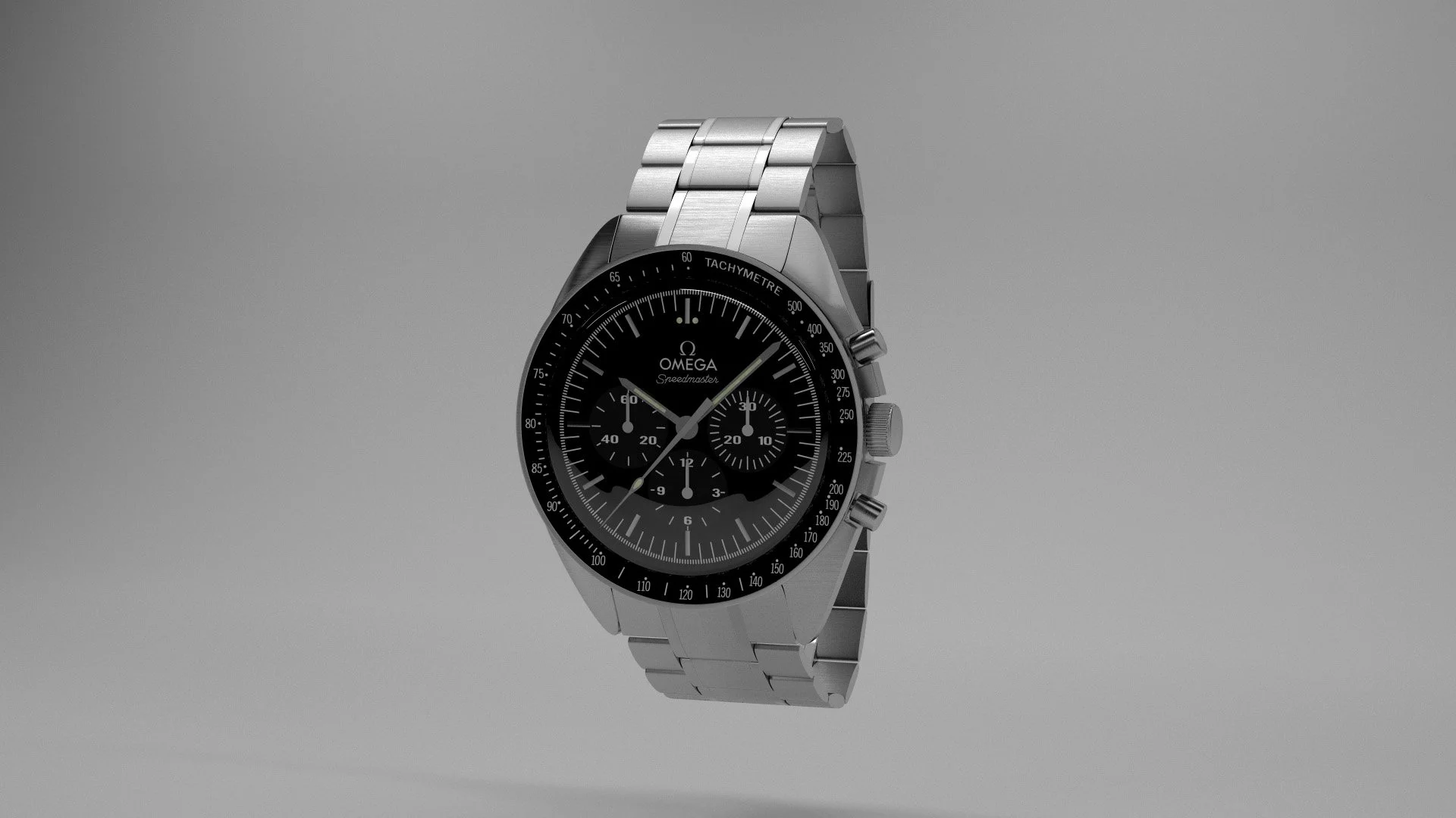 A silver Omega Speedmaster wristwatch with a black dial, chronograph features, and multiple subdials, set against a plain gray background.