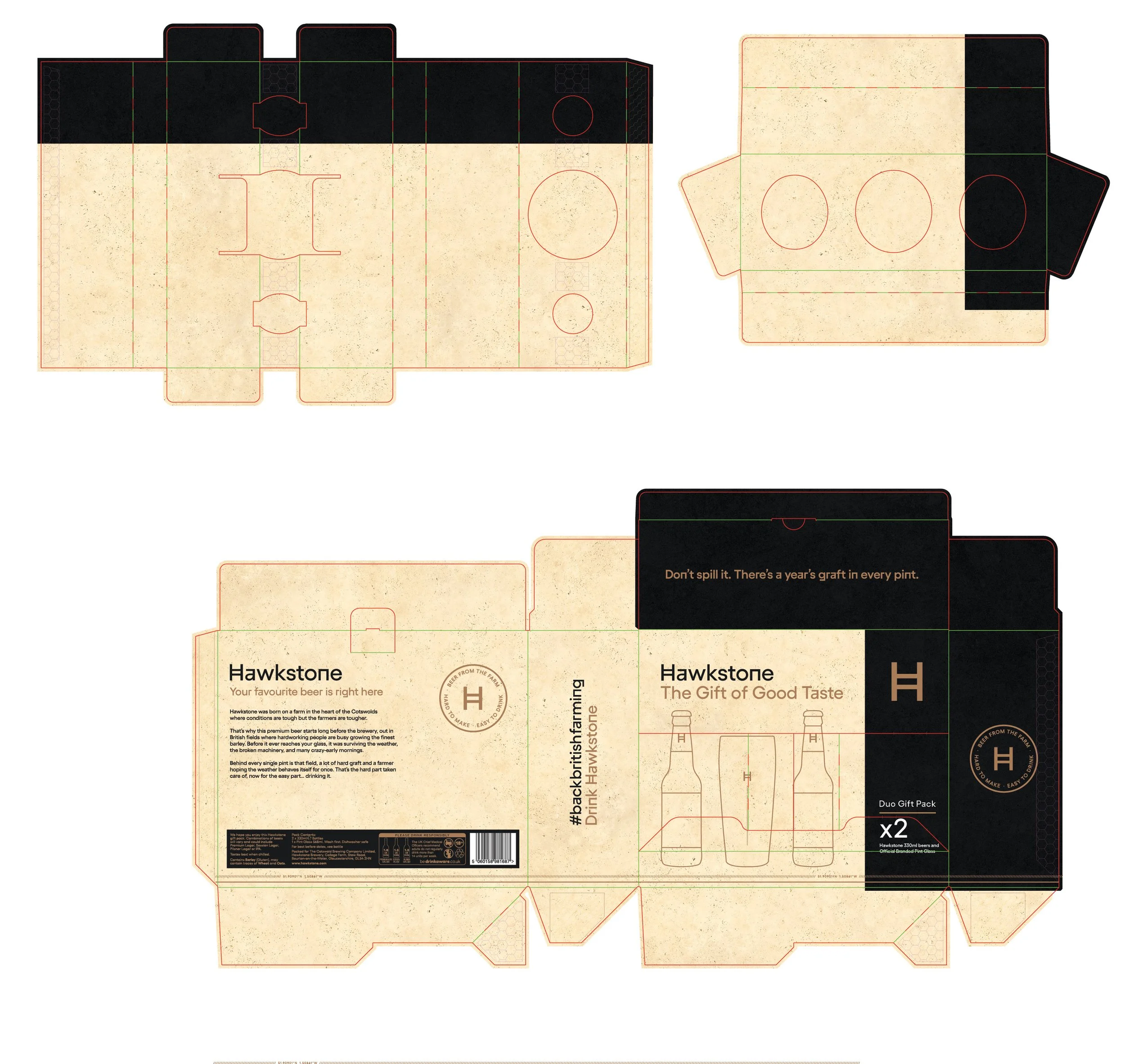 Template of a beer gift pack box featuring Hawktone beers with branding, graphics, and descriptive text.