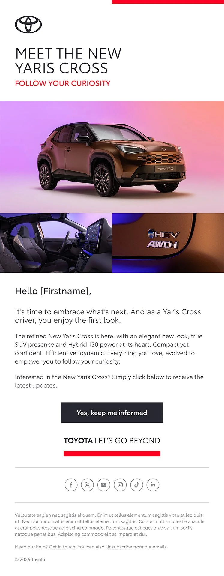 Advertisement for the new Toyota Yaris Cross, including images of the vehicle's exterior, interior, and badge, with text highlighting features and a call to action to receive updates.