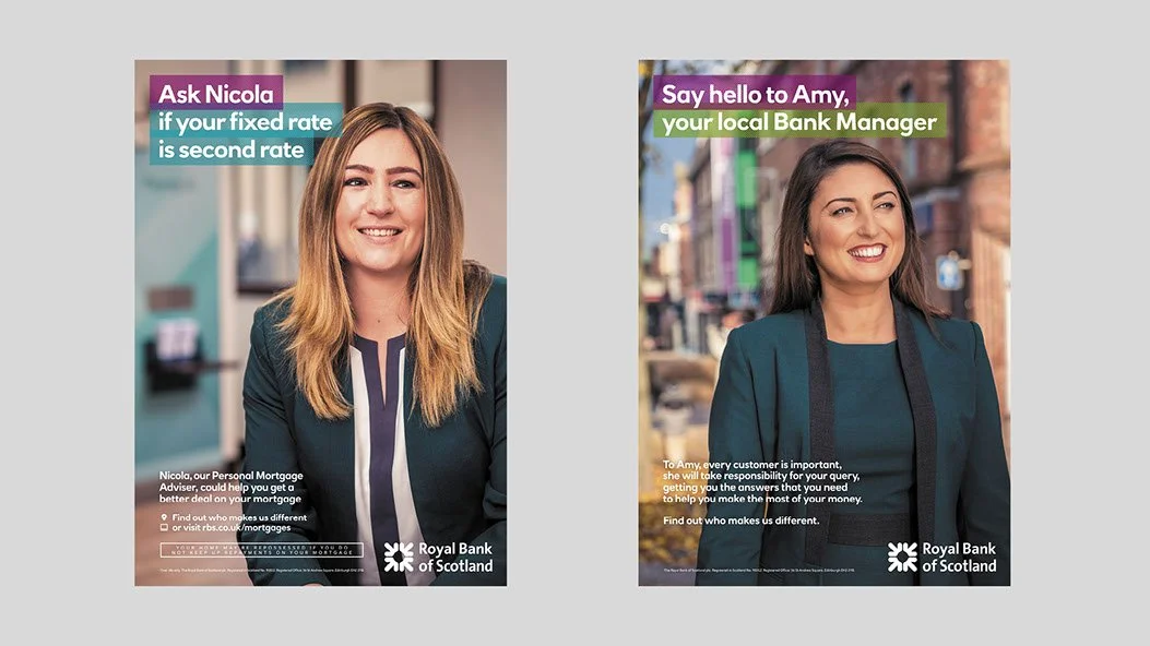 Two advertisements for the Royal Bank of Scotland. The left features a woman with long blonde hair smiling, with text encouraging asking Nicola about fixed rate mortgages and her image. The right features a woman with dark hair smiling outdoors, with