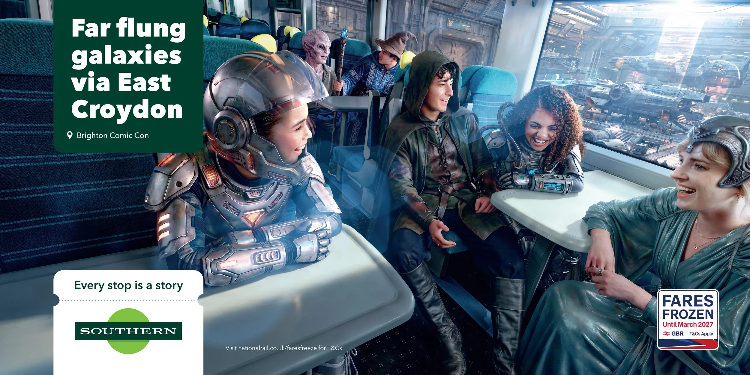 People dressed as sci-fi characters on a train, with a futuristic cityscape visible through the window.