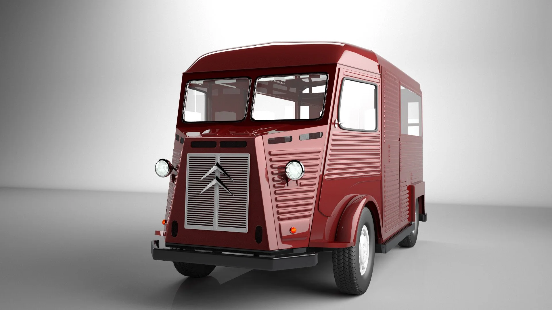 A vintage red Citroën H van with a boxy design on a plain light gray background.
