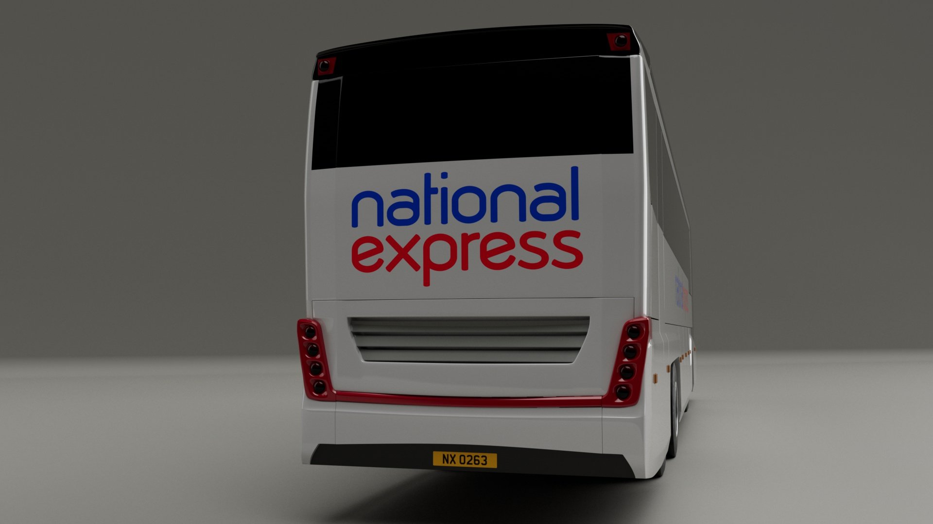 Rear view of a white bus with the logo 'national express' on the back, red and black taillights, and a yellow license plate reading 'NX 0263'.