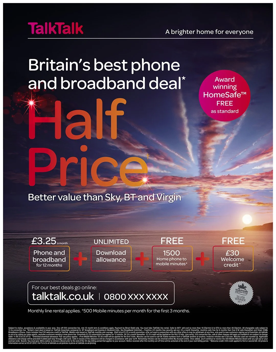 Advertisement for TalkTalk, promoting a phone and broadband deal with half-price rates, including unlimited downloads, free home phone to mobile minutes, and a £30 welcome credit, featuring a sunset over the ocean with clouds.