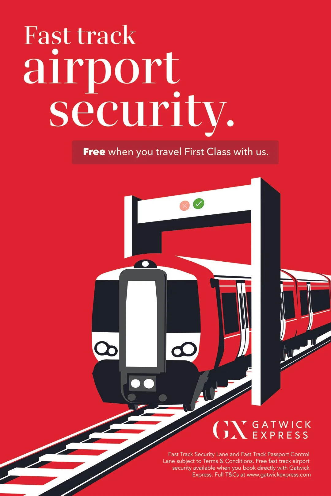 An advertisement for Gatwick Express promoting fast track airport security with a red background, a train approaching a security gate, and text indicating free service for first class travelers.