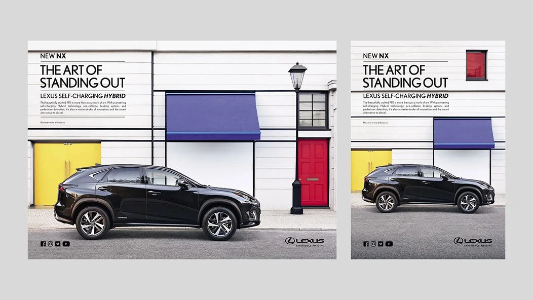 Advertisement for Lexus NX highlighting its art of standing out, featuring a black Lexus NX parked in front of a building with colorful doors, awnings, and a lamppost.