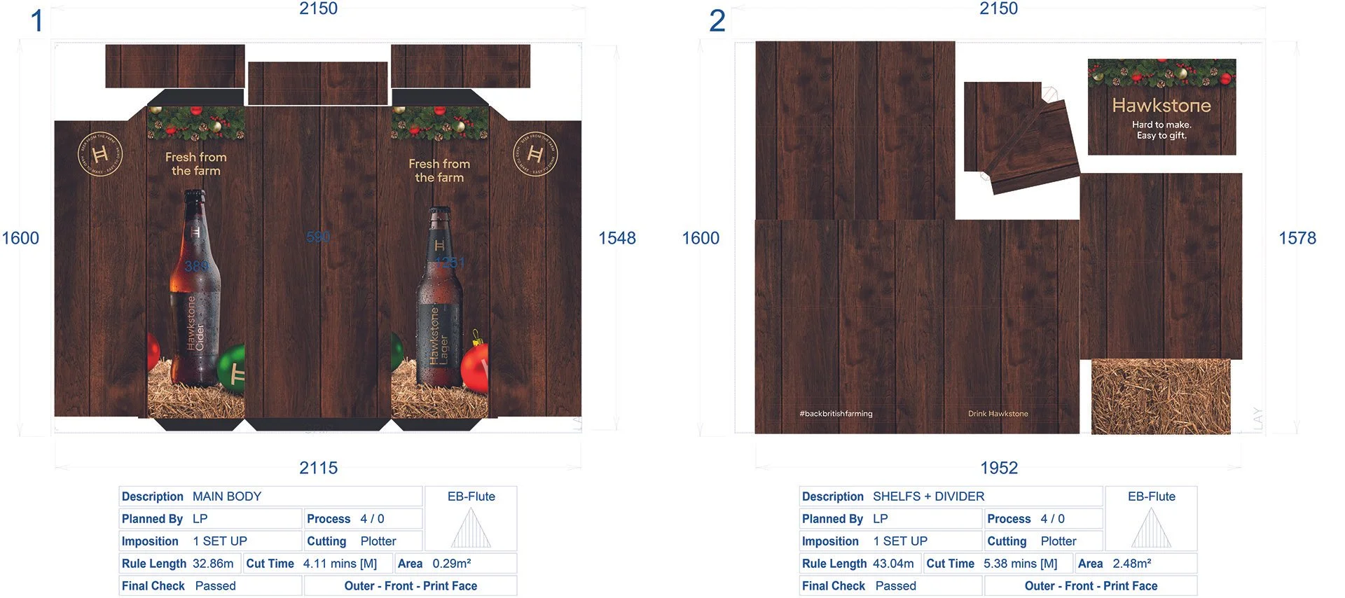 Design layout for holiday drink packaging featuring a wooden background with Christmas decorations, bottles of Hawkstone cider, and product information.