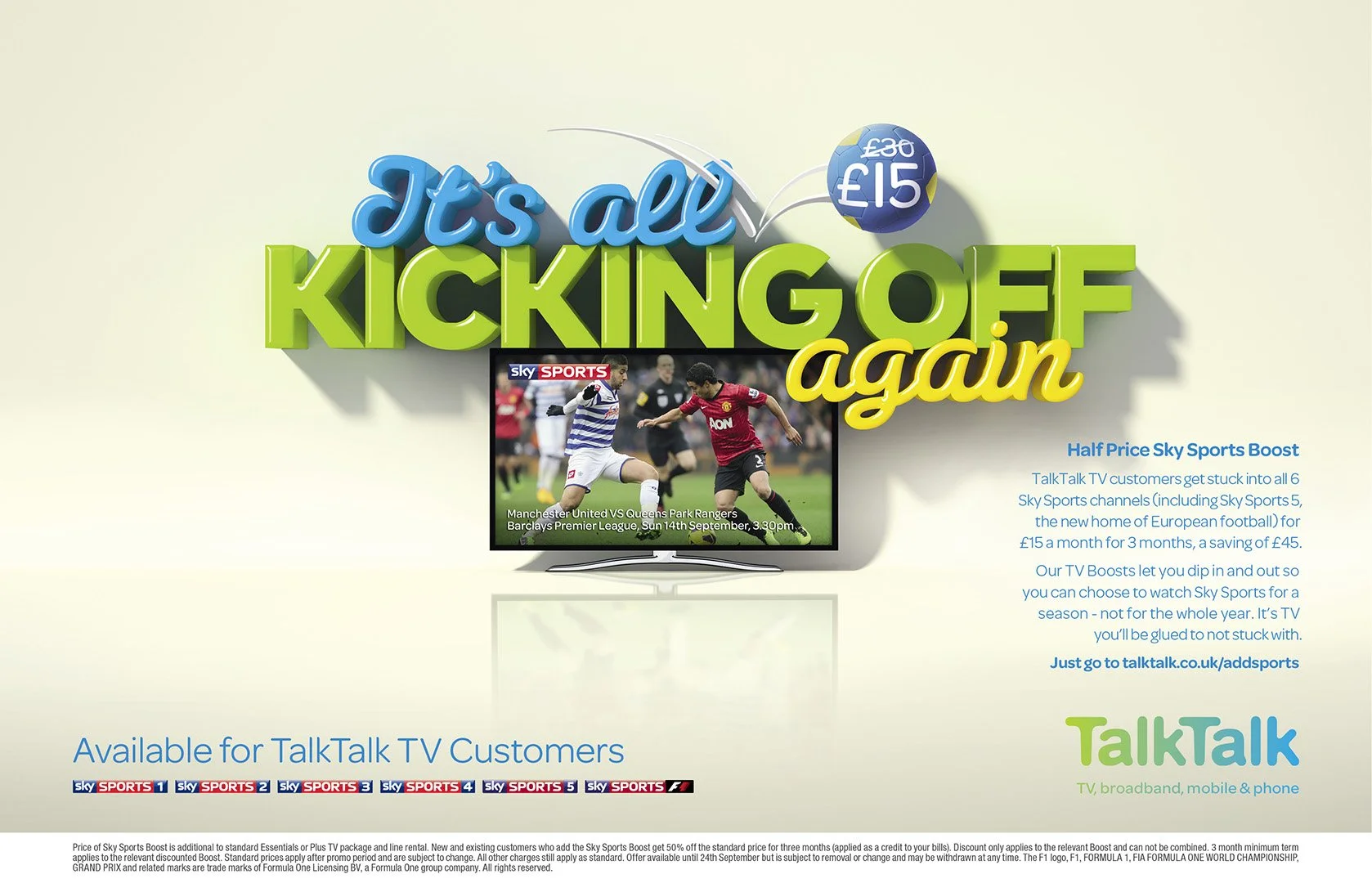 An advertisement for TalkTalk TV's sports package. It highlights half price Sky Sports boost for three months, showing a TV screen with a soccer match between Manchester United and Queens Park Rangers. The ad includes pricing details, channels includ