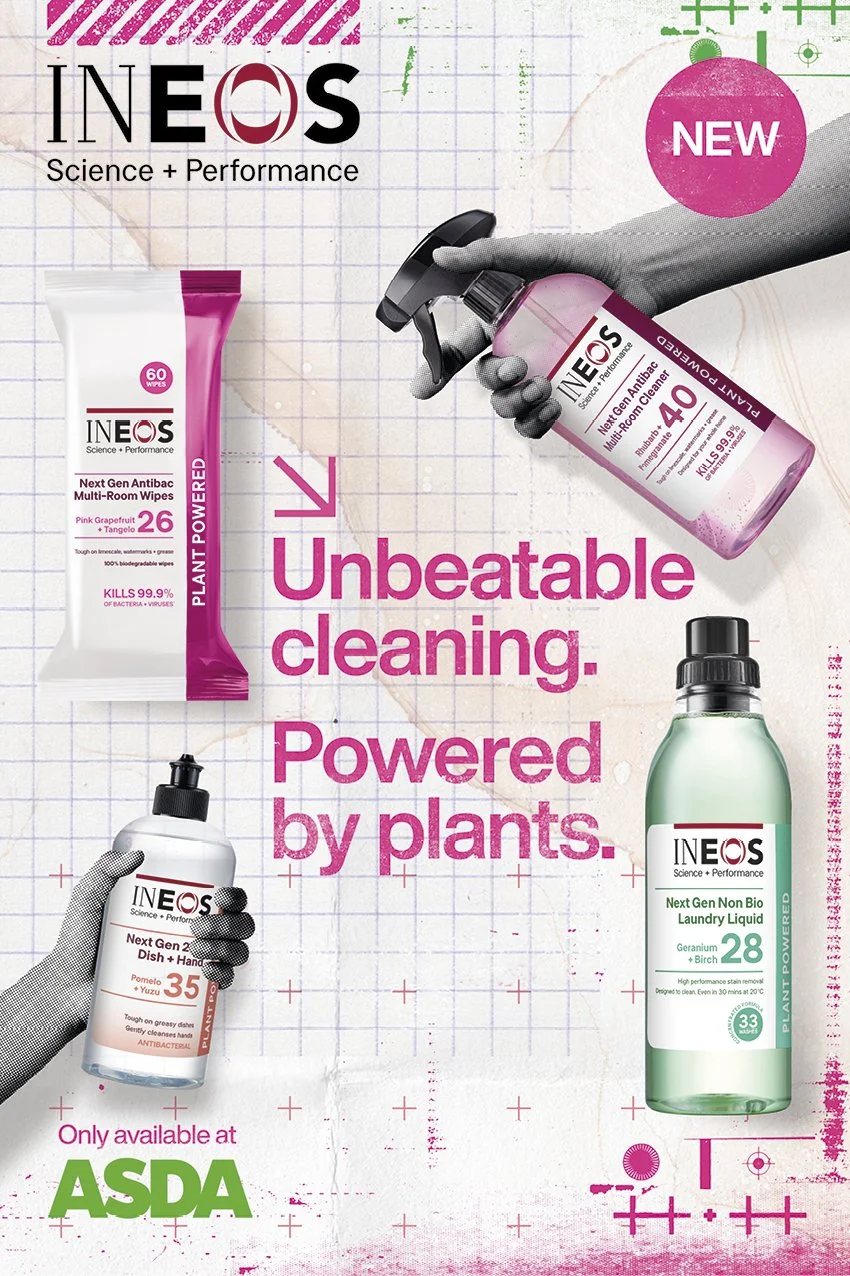 Advertisement for INEOS cleaning products featuring bottles of multi-room wipes, disinfectant spray, laundry liquid, and dish & hand soap, with bold pink text reading 'Unbeatable cleaning. Powered by plants.' and ASDA branding indicating availability