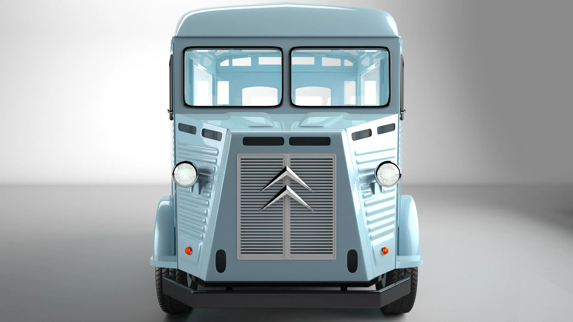 Front view of a vintage light blue three-wheeled delivery truck with a large windshield and a Citroën logo on the front grille, set against a neutral background.