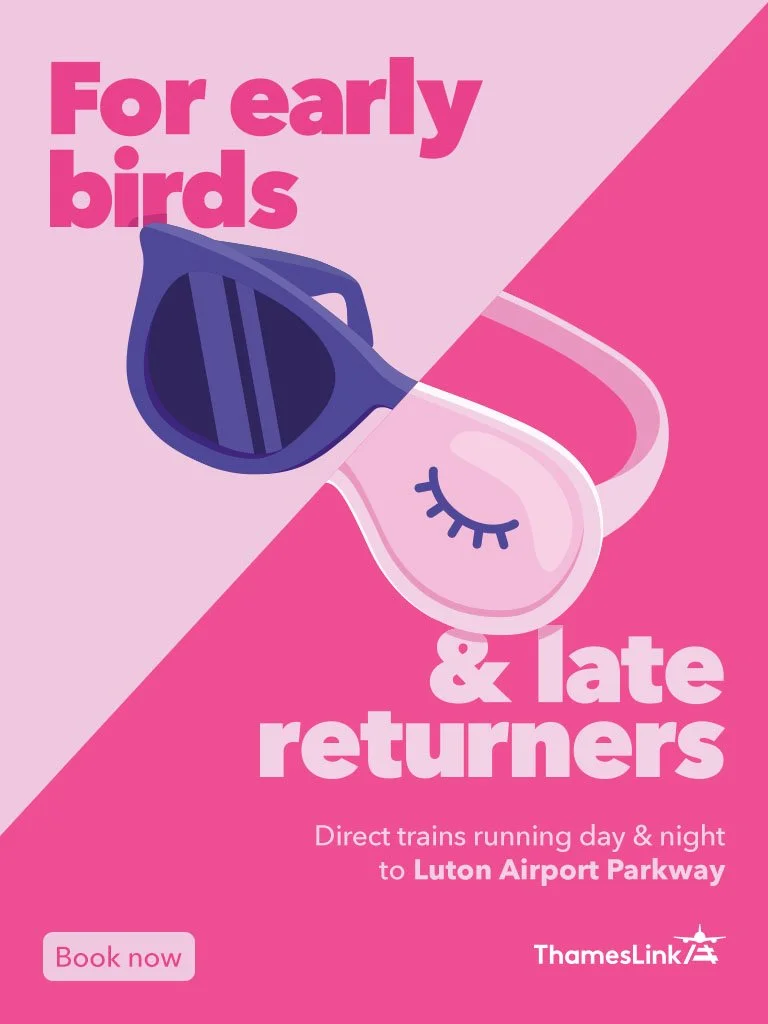 Pink and purple advertisement poster for early bird and late return train tickets to Luton Airport Parkway, featuring sunglasses and a sleep mask with a closed eye illustration, and a "Book now" button.