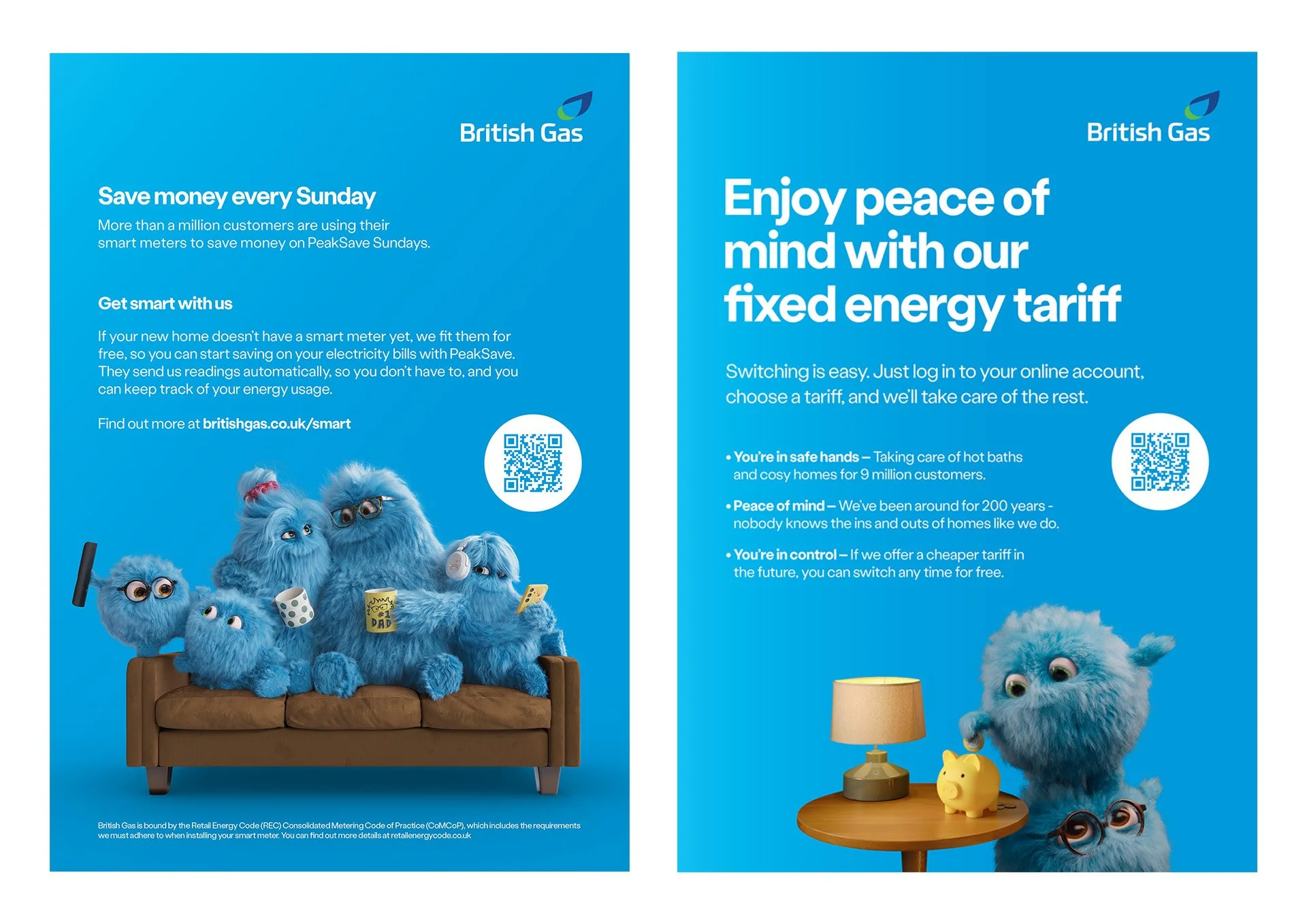 Two panels of a British Gas advertisement featuring blue fluffy monsters. The left panel shows five monsters on a brown sofa with various objects. The right panel has one monster next to a wooden table with a yellow piggy bank and a lamp. The backgro