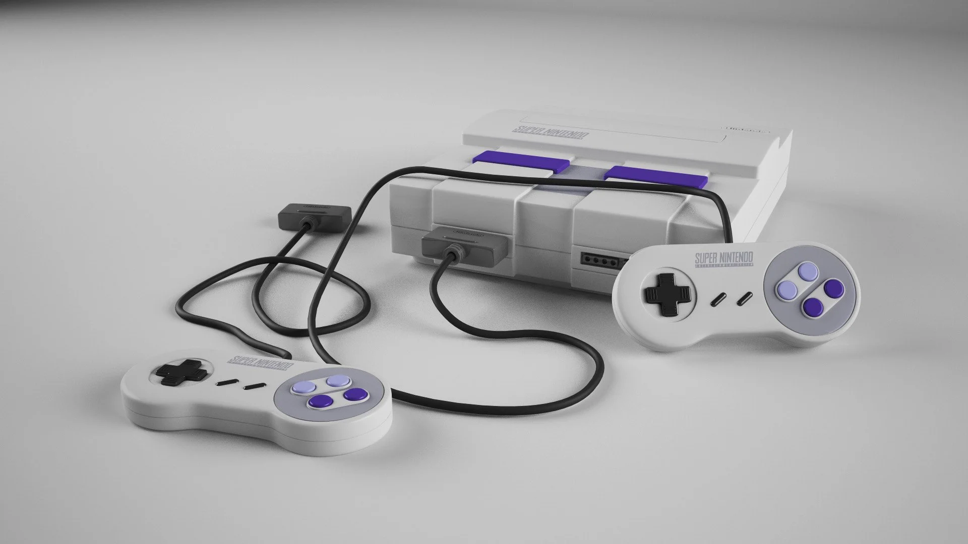 A vintage Super Nintendo gaming console with matching controllers and purple accents, connected by black cords, set against a plain light gray background.