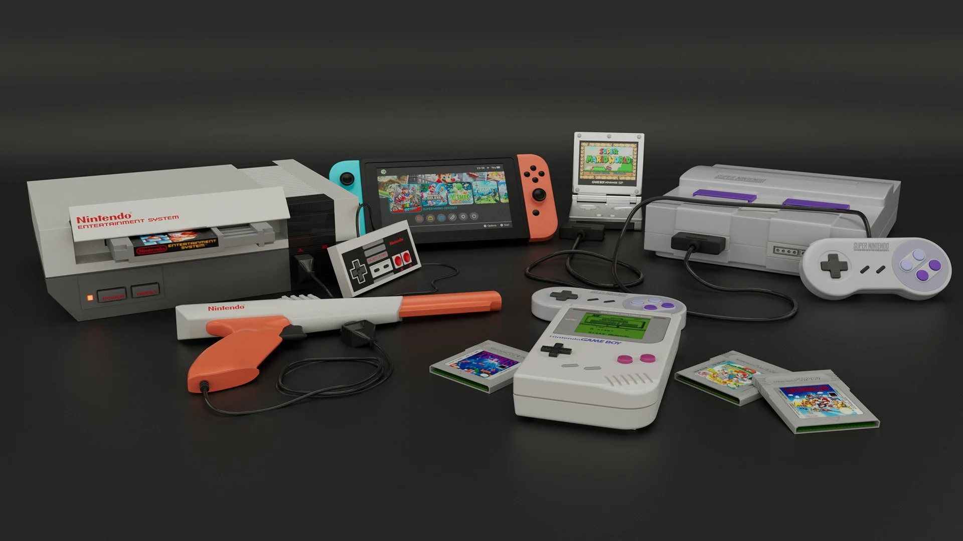 Collection of vintage Nintendo gaming consoles and accessories, including a NES console, Super Nintendo, Nintendo Switch, Game Boy, controllers, cartridges, and related items arranged on a black background.