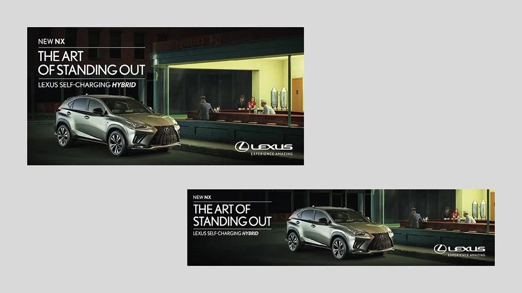 Advertisement for the Lexus NX hybrid SUV parked outside a nighttime city scene with a bar and people in the background. The ad features the tagline 'The Art of Standing Out' and the Lexus logo.
