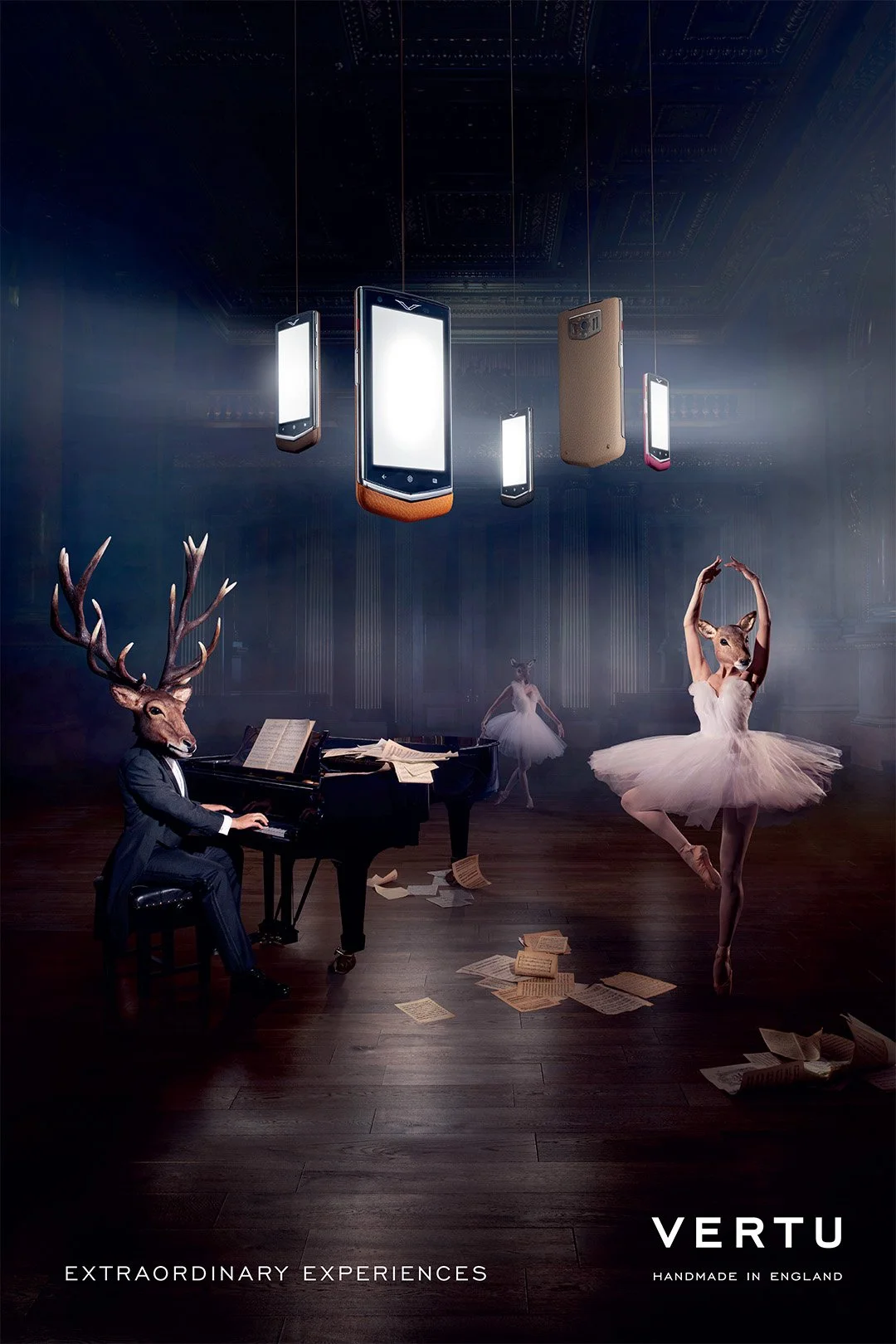 A surreal scene of a ballet dancer in a tutu, a person with a deer's head playing a grand piano, and another ballet dancer in the background, all set in an elegant room. Several smartphones are hanging from the ceiling, creating an extraordinary expe