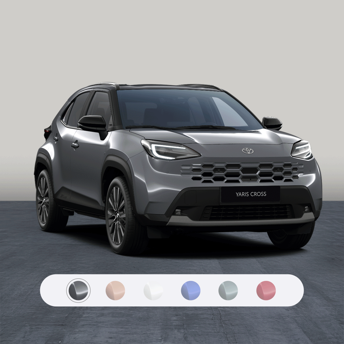 Gray Toyota Yaris Cross SUV on a plain background with color options displayed below.