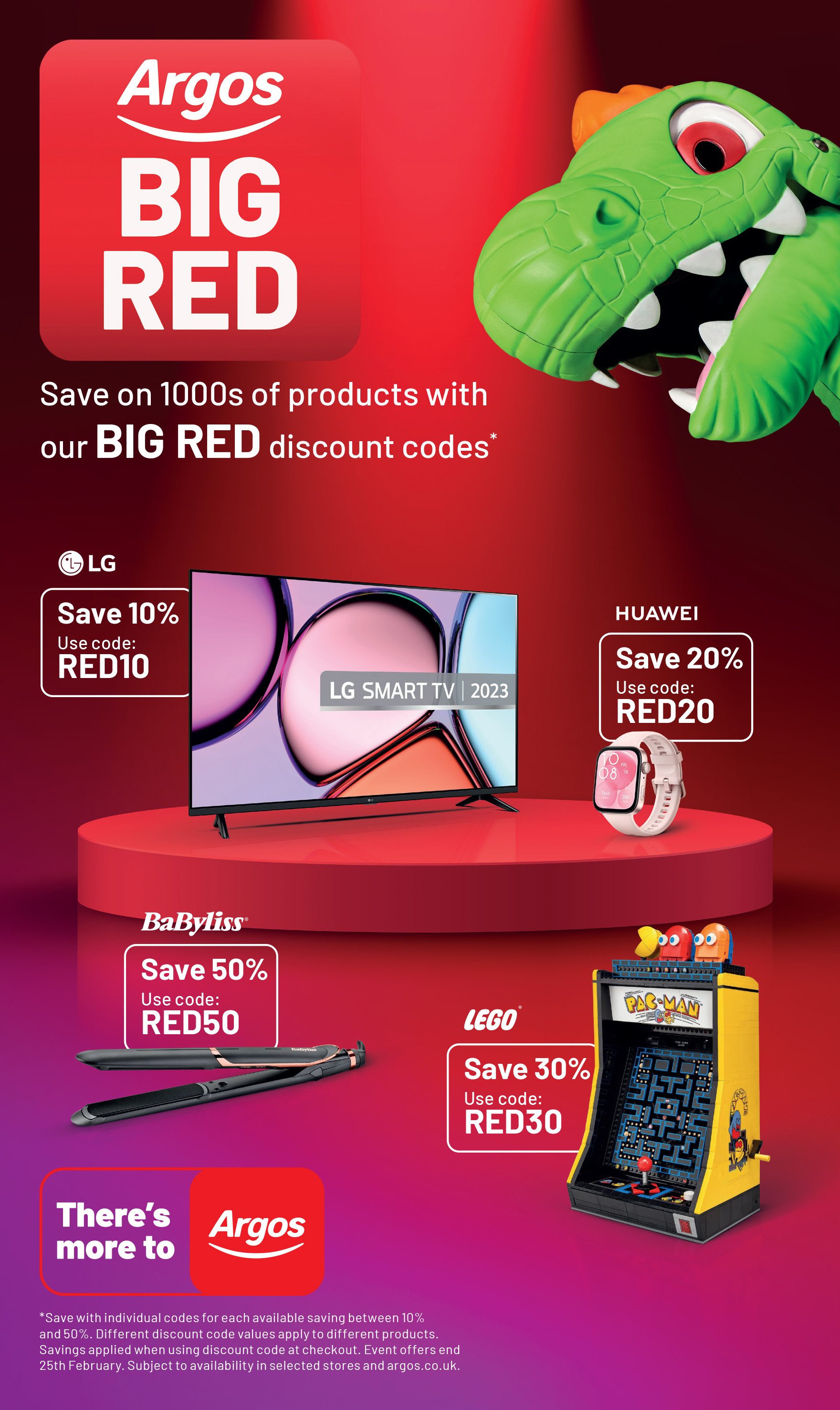 Promotional advertisement for Argos Big Red discount event featuring a crocodile head toy, an LG smart TV, a Babyliss hairstraightener, a Pac-Man arcade game, and a Lego set, with discount codes and savings details.