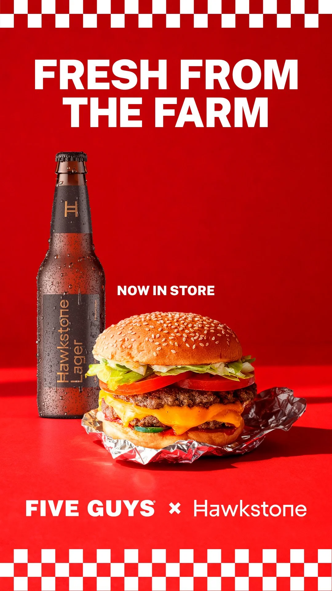 A promotional image for Five Guys and Hawkstone featuring a bottle of Hawkstone Lager and a cheeseburger with lettuce, tomato, and pickles on a red background with a checkered pattern at the top and bottom.